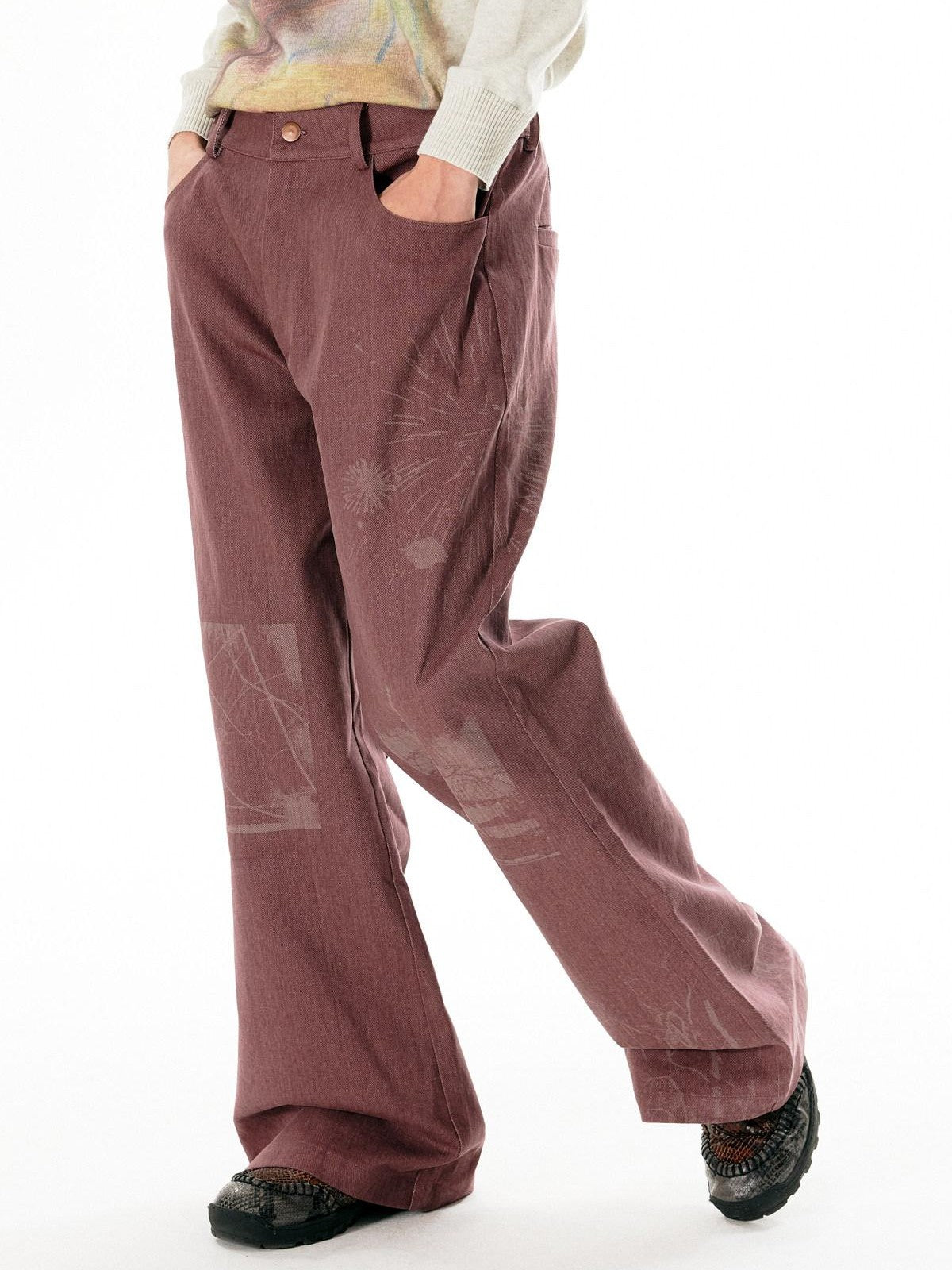 APRIORITY Dark Red Laser Burnout Floral Distressed Women's Cotton Wide-leg Pants