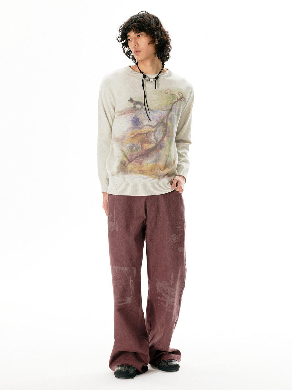 APRIORITY Dark Red Laser Burnout Floral Distressed Women's Cotton Wide-leg Pants