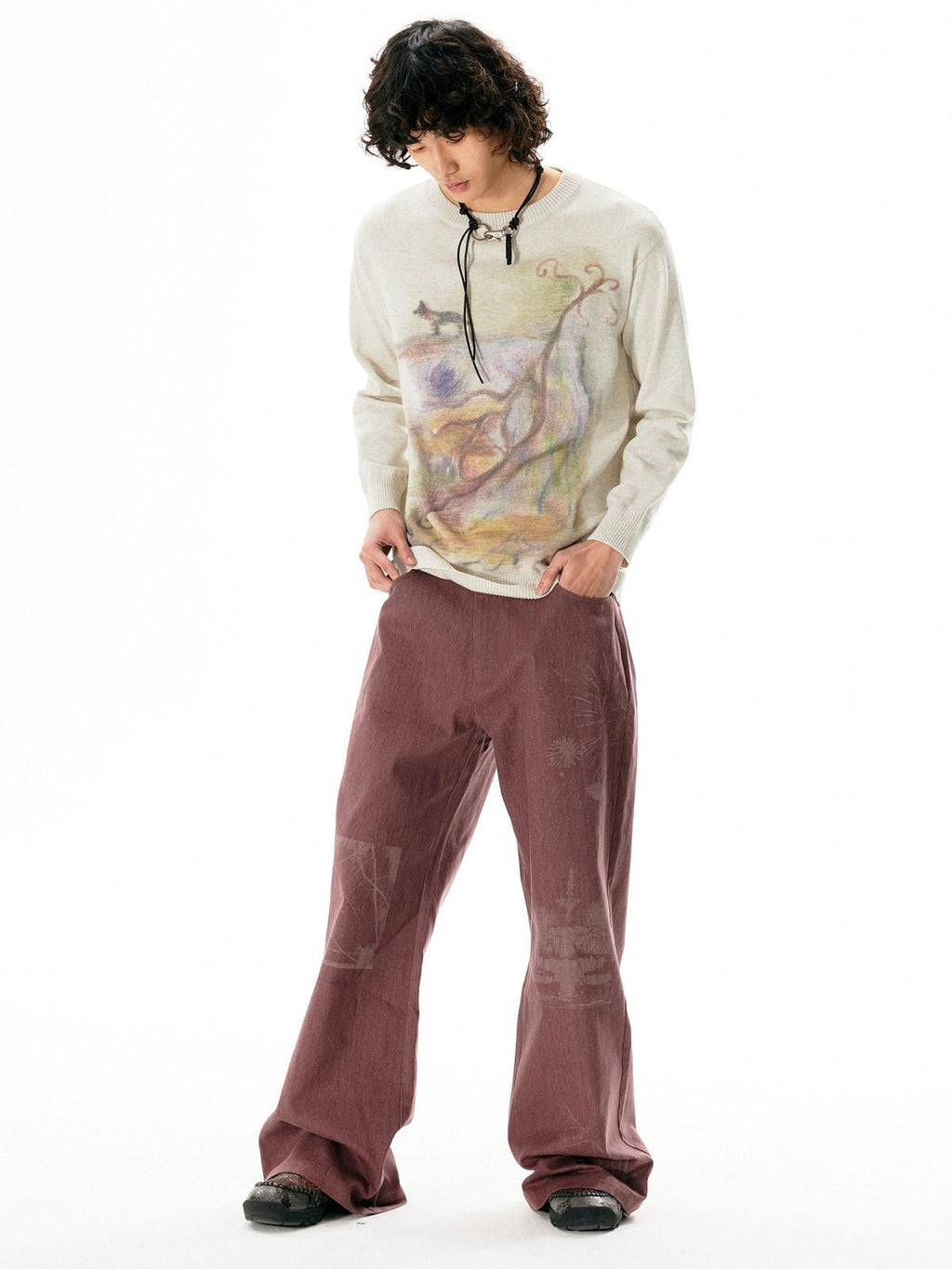 APRIORITY Dark Red Laser Burnout Floral Distressed Women's Cotton Wide-leg Pants
