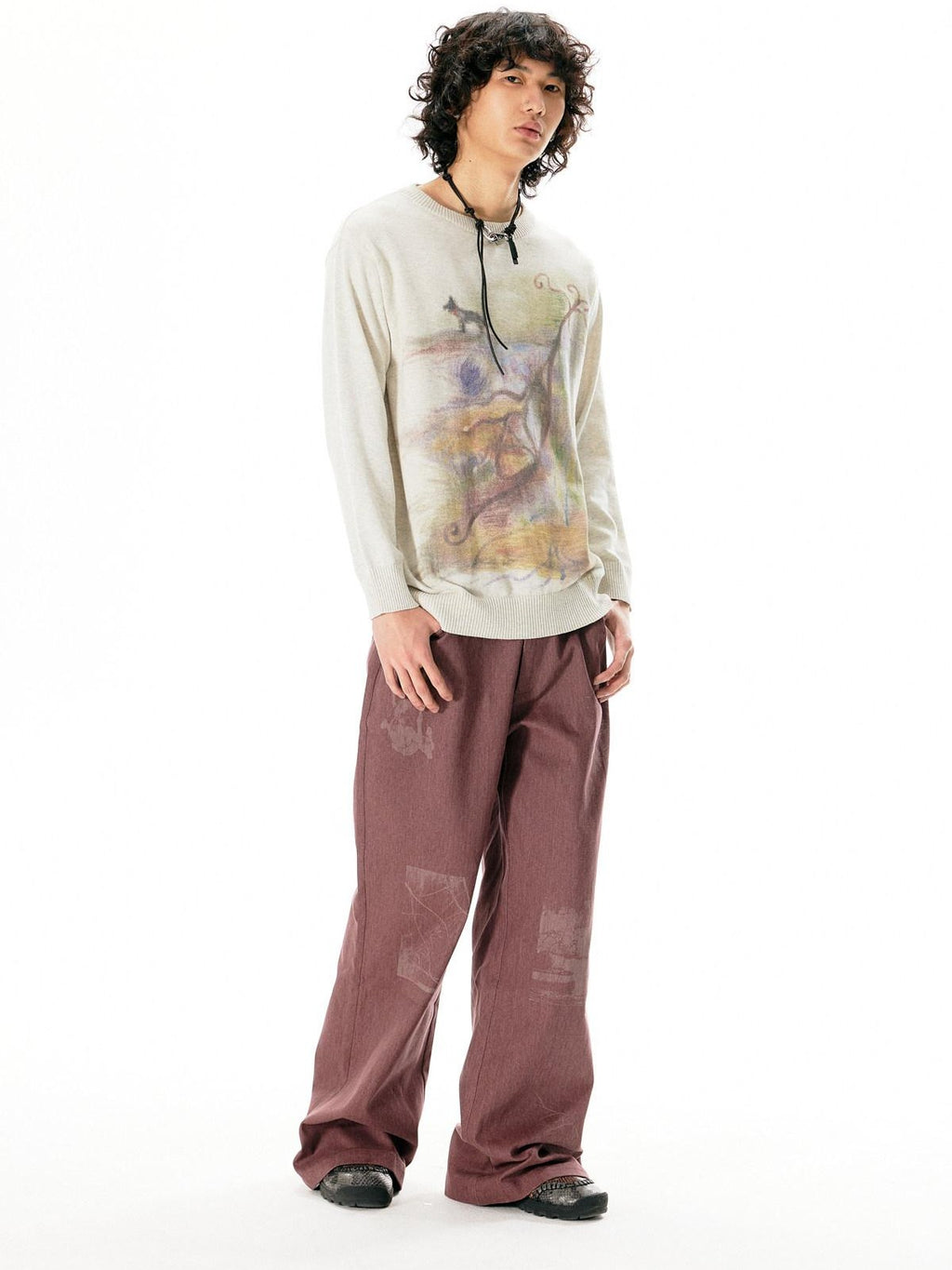 APRIORITY Dark Red Laser Burnout Floral Distressed Women's Cotton Wide-leg Pants