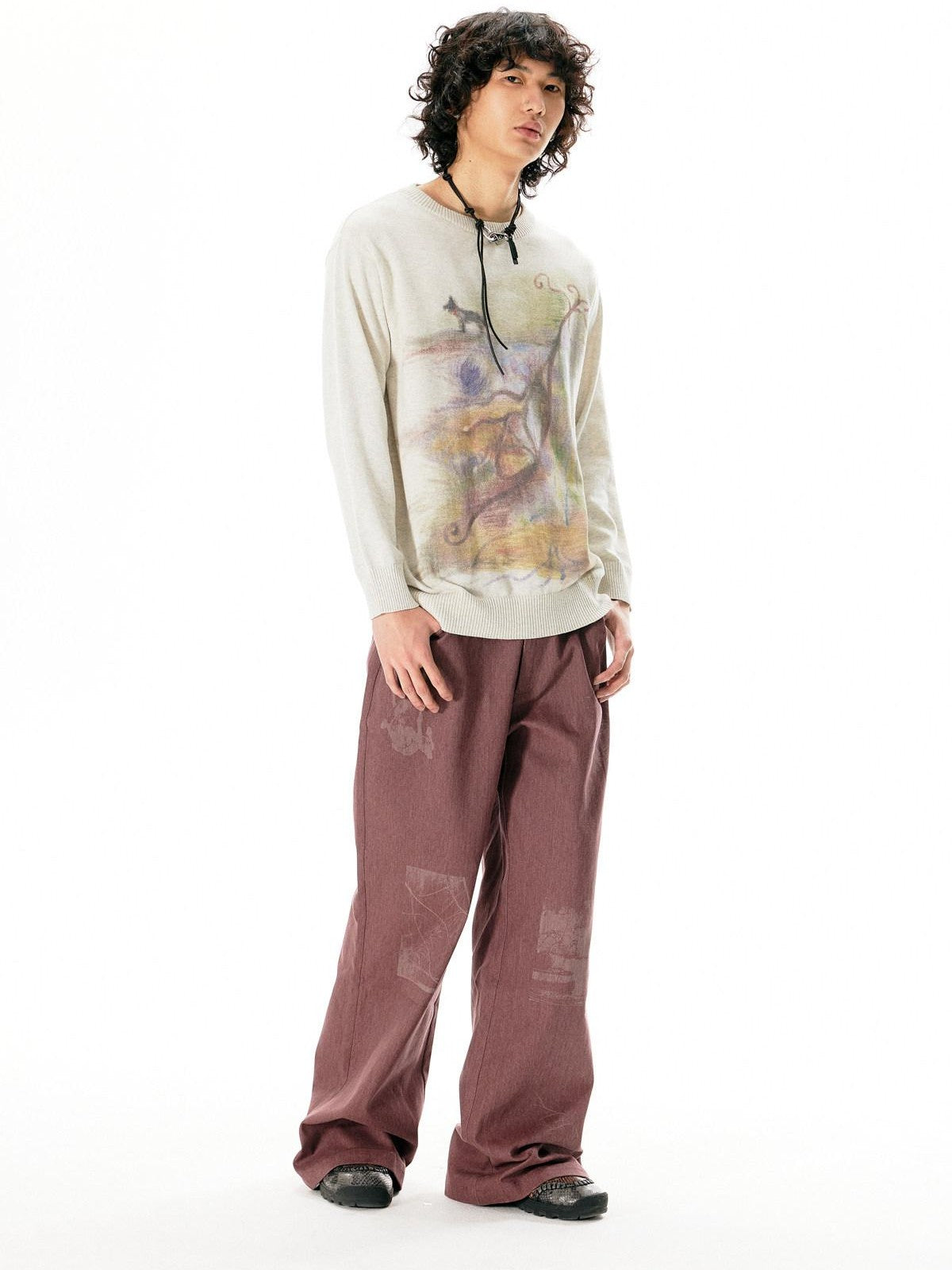 APRIORITY Dark Red Laser Burnout Floral Distressed Women's Cotton Wide-leg Pants