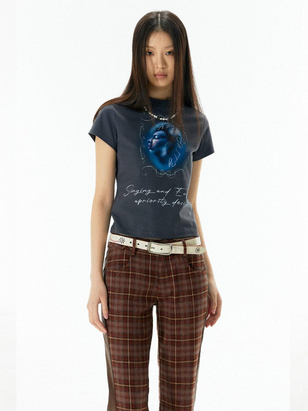 APRIORITY Deep Blue Cropped Slogan Crewneck Women's Cotton Short Sleeve T-shirts