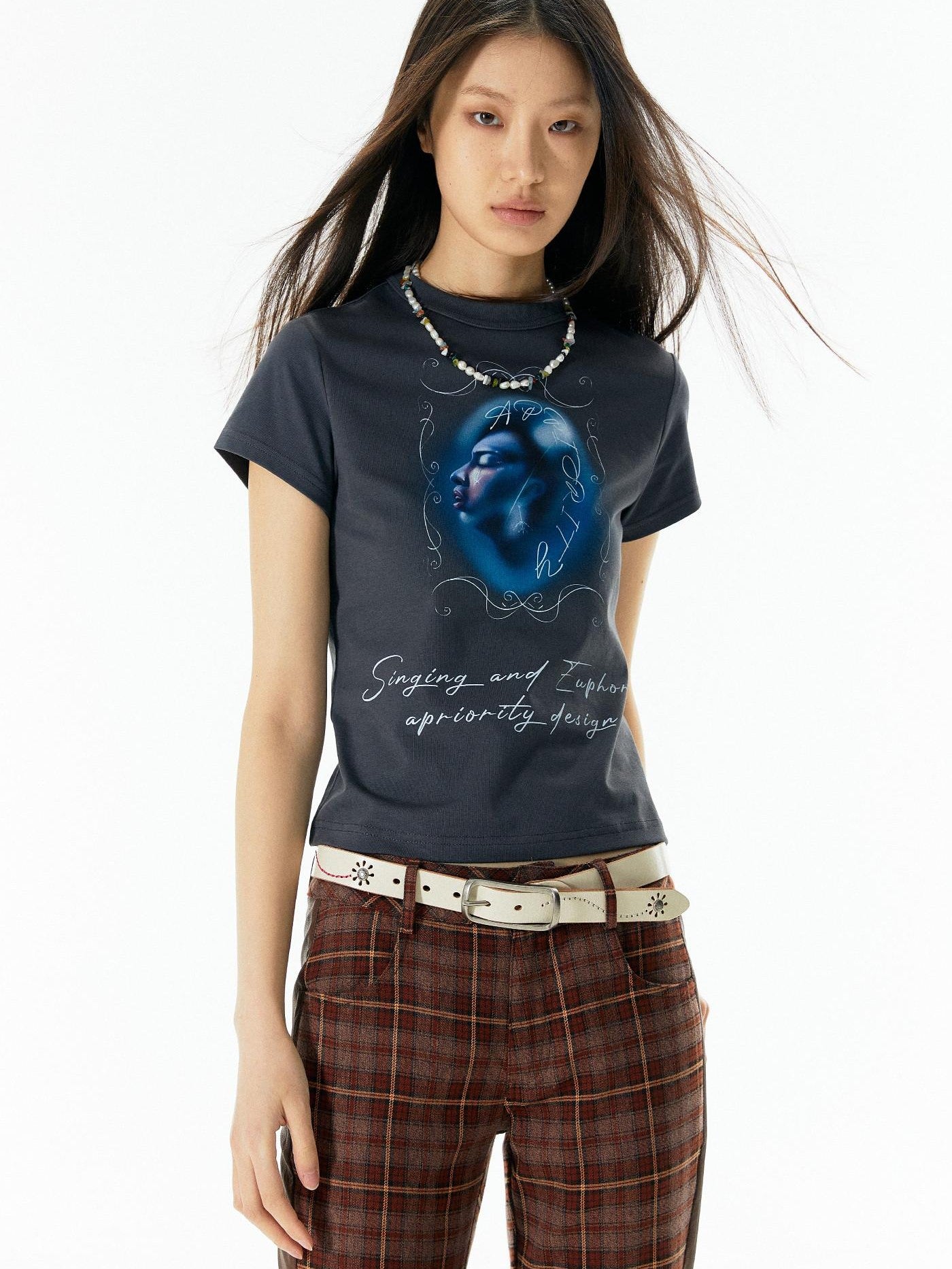 APRIORITY Deep Blue Cropped Slogan Crewneck Women's Cotton Short Sleeve T-shirts