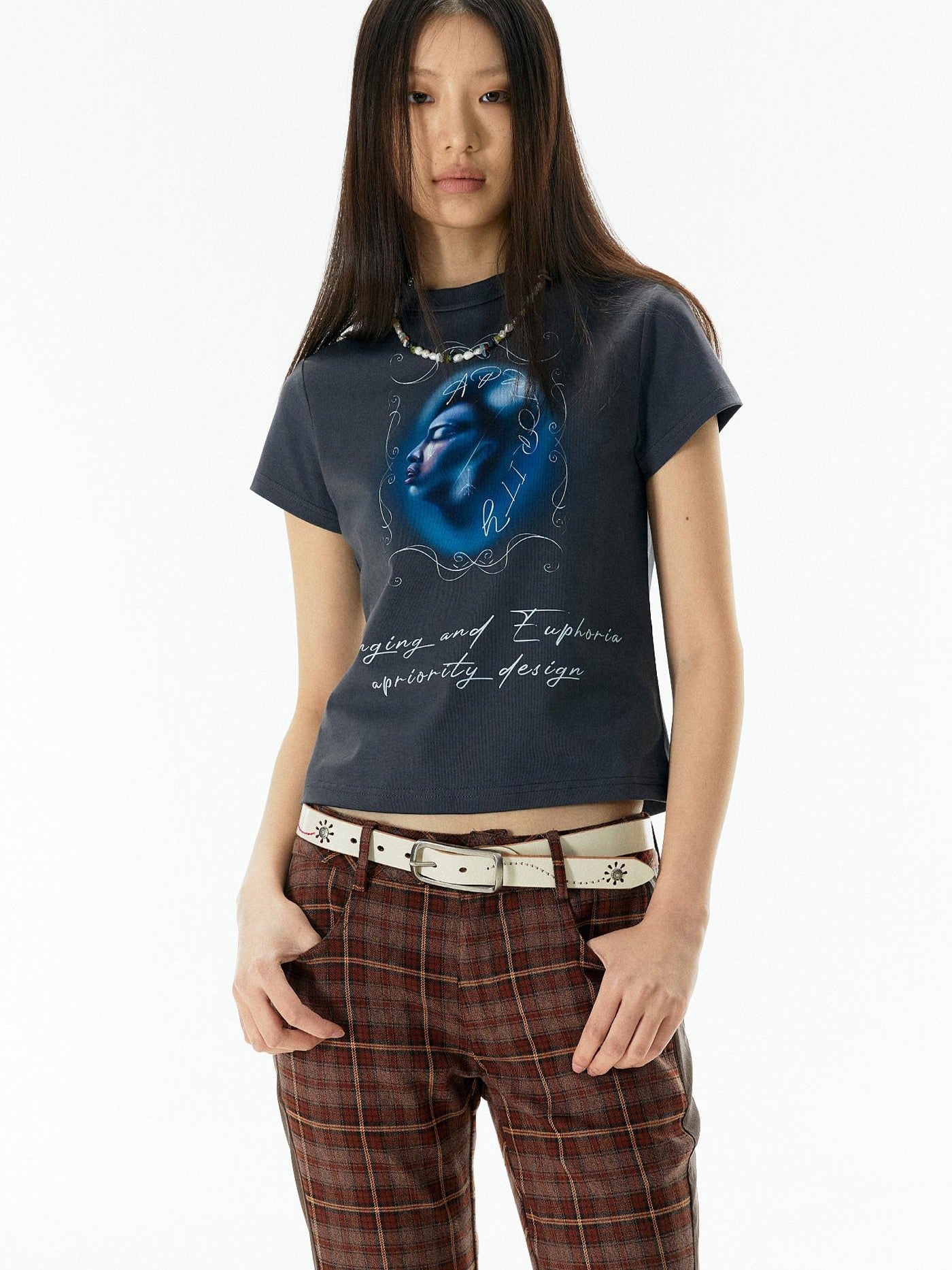 APRIORITY Deep Blue Cropped Slogan Crewneck Women's Cotton Short Sleeve T-shirts