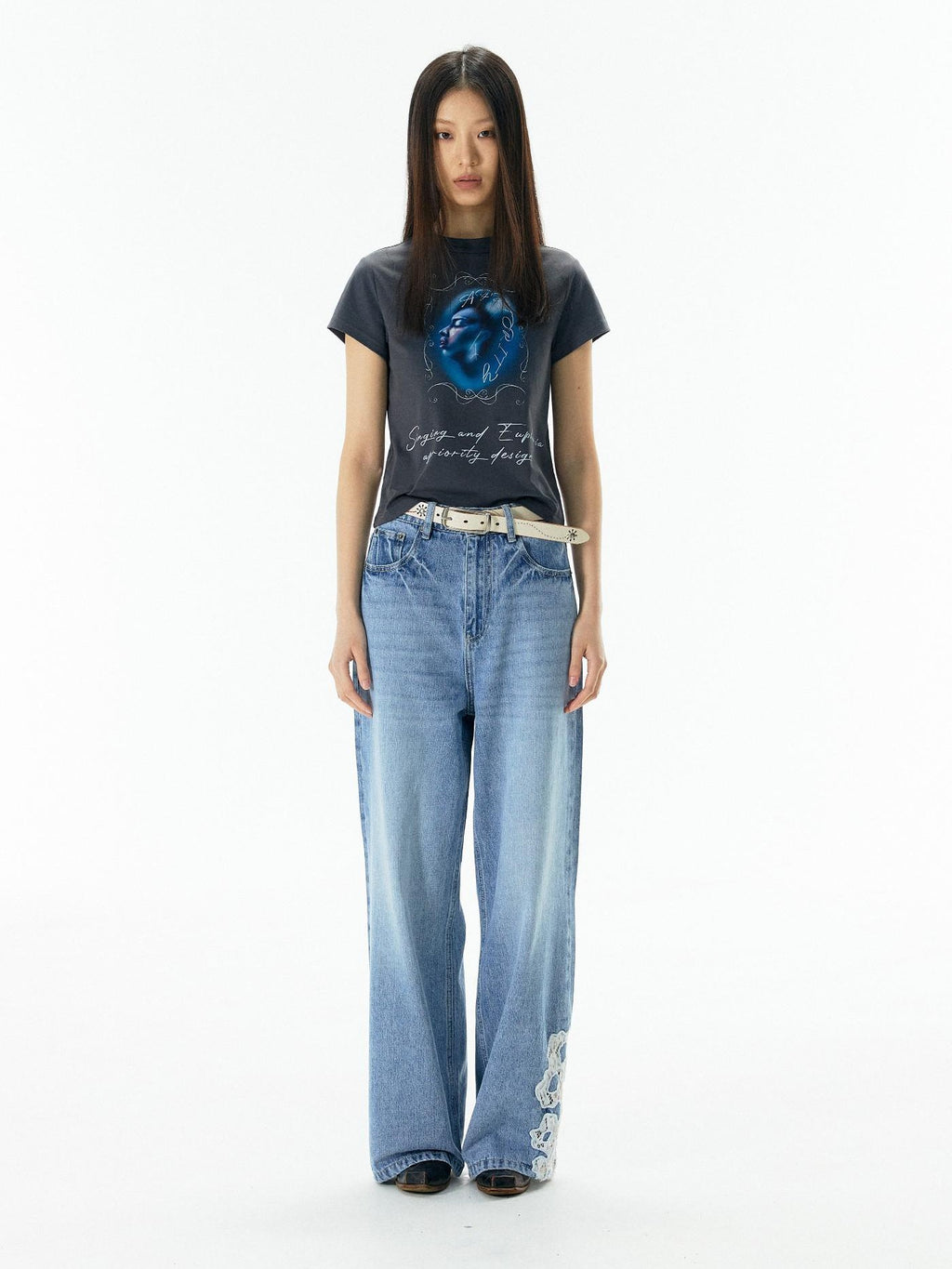 APRIORITY Deep Blue Cropped Slogan Crewneck Women's Cotton Short Sleeve T-shirts