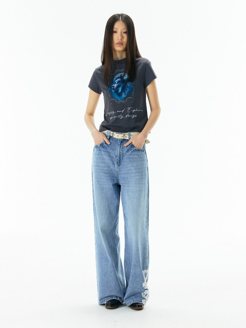 APRIORITY Deep Blue Cropped Slogan Crewneck Women's Cotton Short Sleeve T-shirts