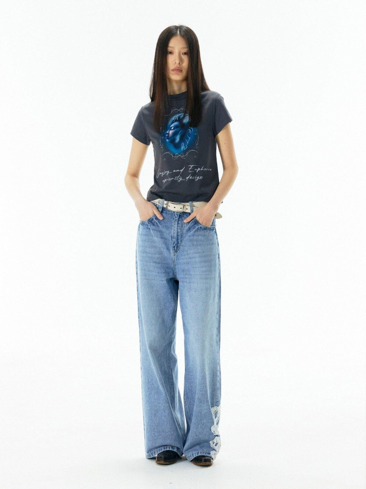 APRIORITY Deep Blue Cropped Slogan Crewneck Women's Cotton Short Sleeve T-shirts