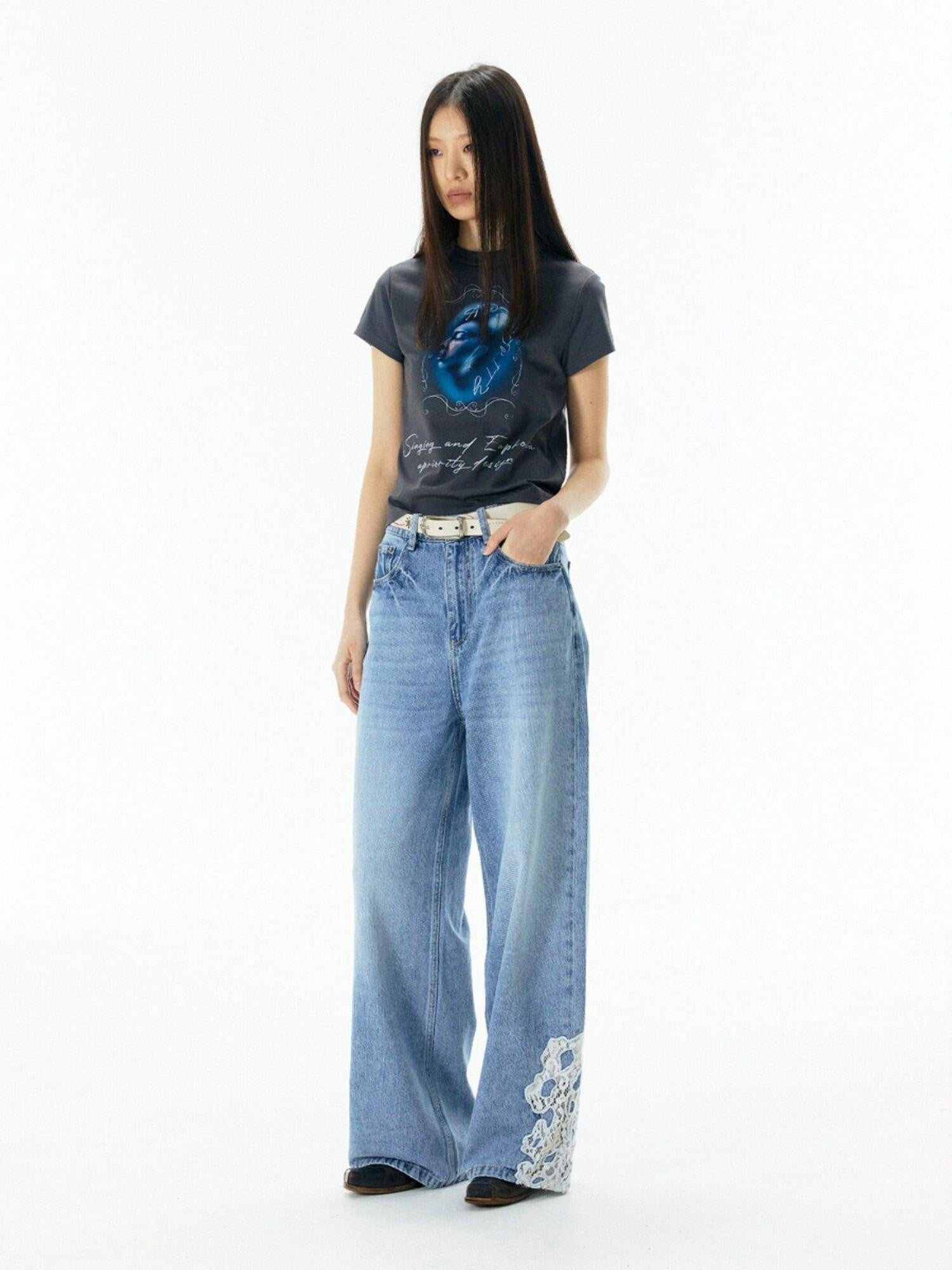 APRIORITY Deep Blue Cropped Slogan Crewneck Women's Cotton Short Sleeve T-shirts
