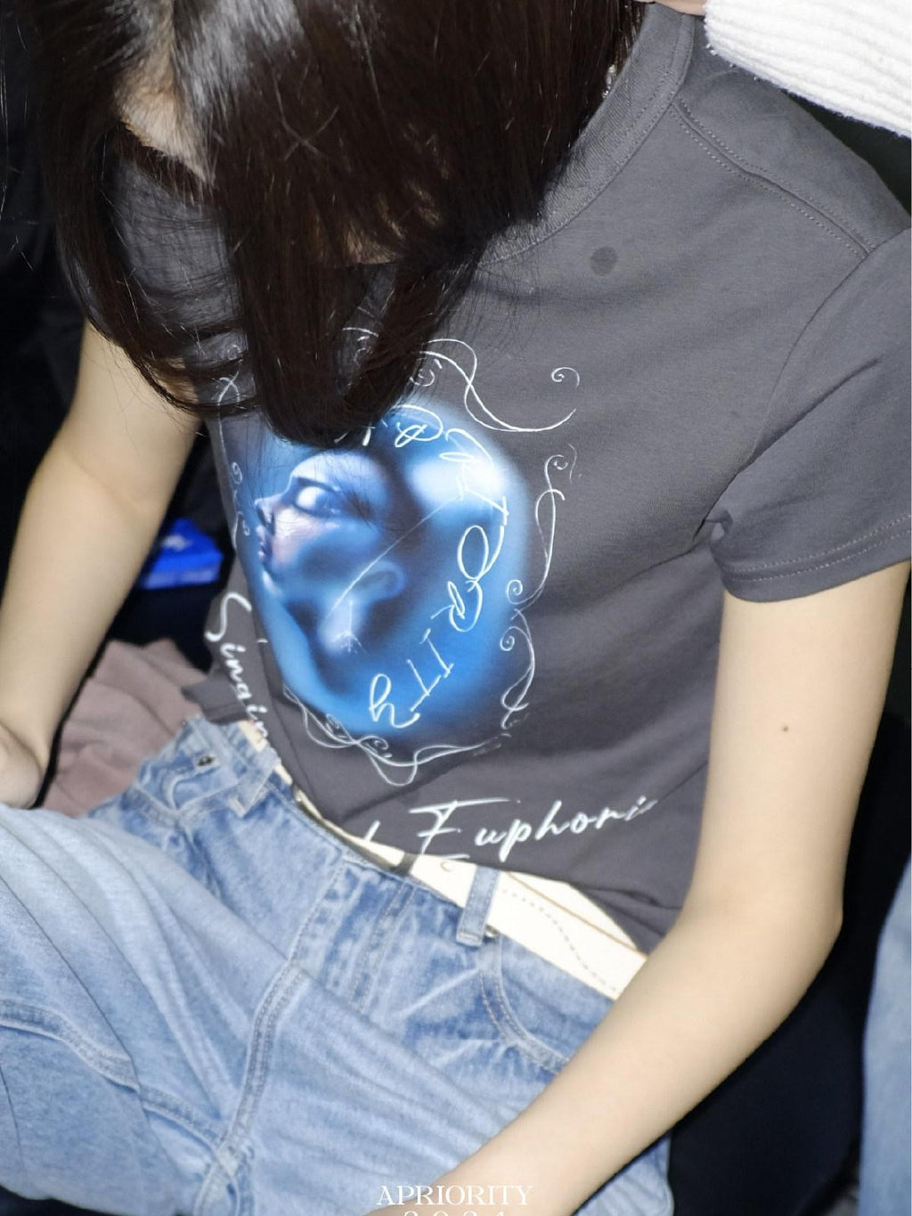APRIORITY Deep Blue Cropped Slogan Crewneck Women's Cotton Short Sleeve T-shirts