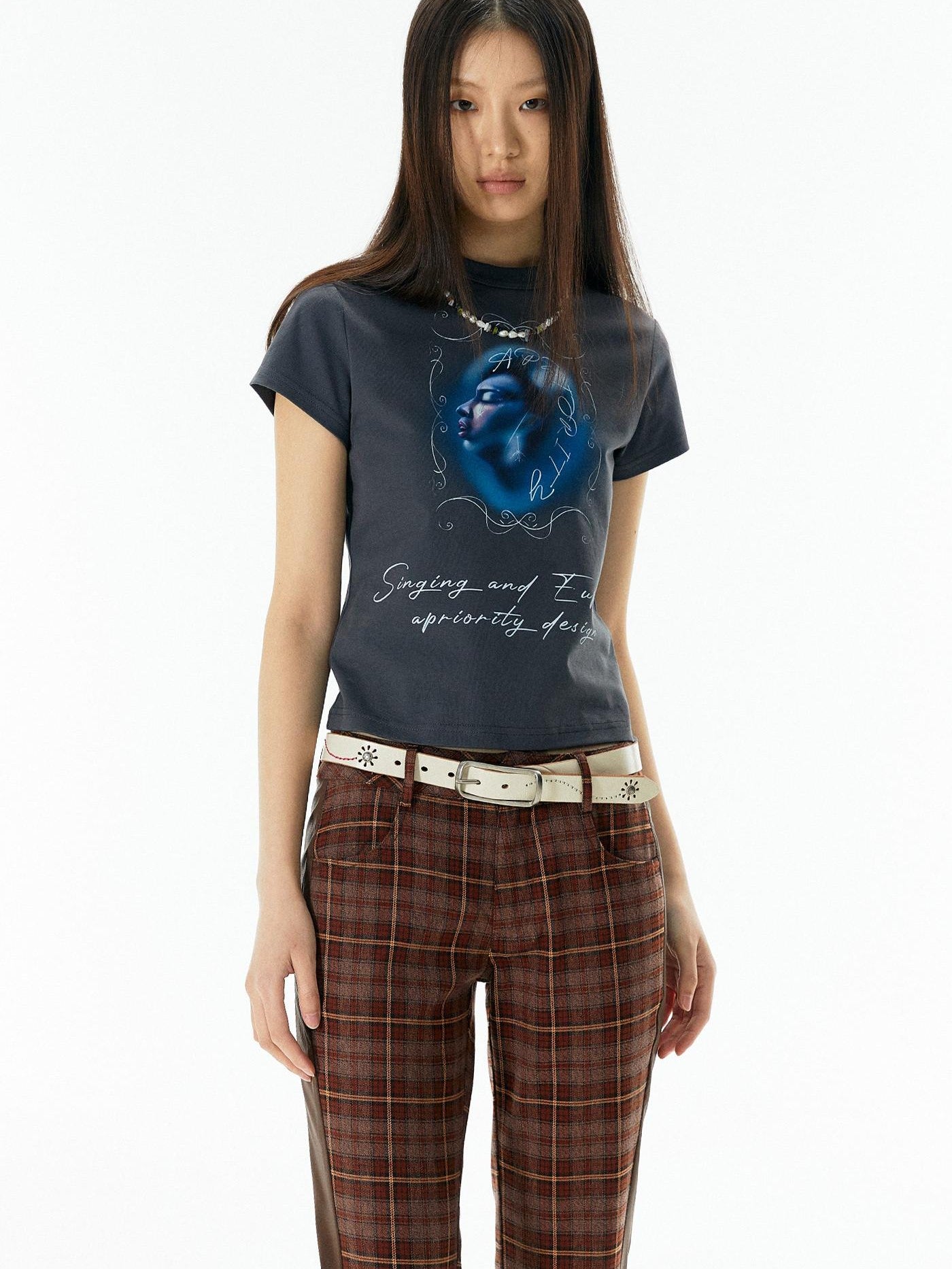 APRIORITY Deep Blue Cropped Slogan Crewneck Women's Cotton Short Sleeve T-shirts