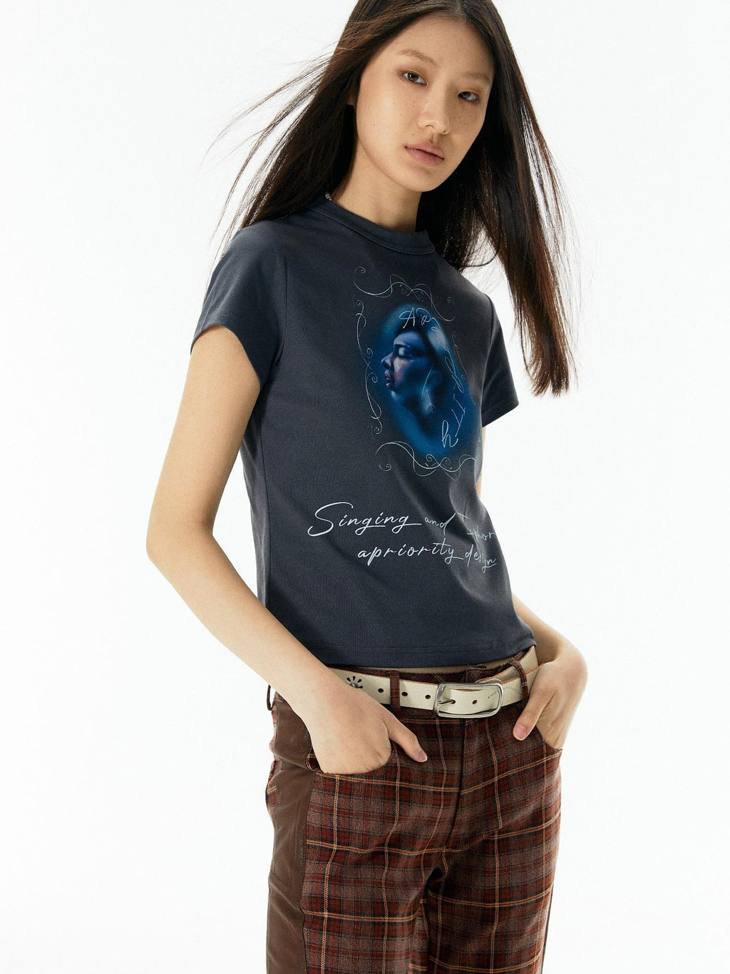 APRIORITY Deep Blue Cropped Slogan Crewneck Women's Cotton Short Sleeve T-shirts