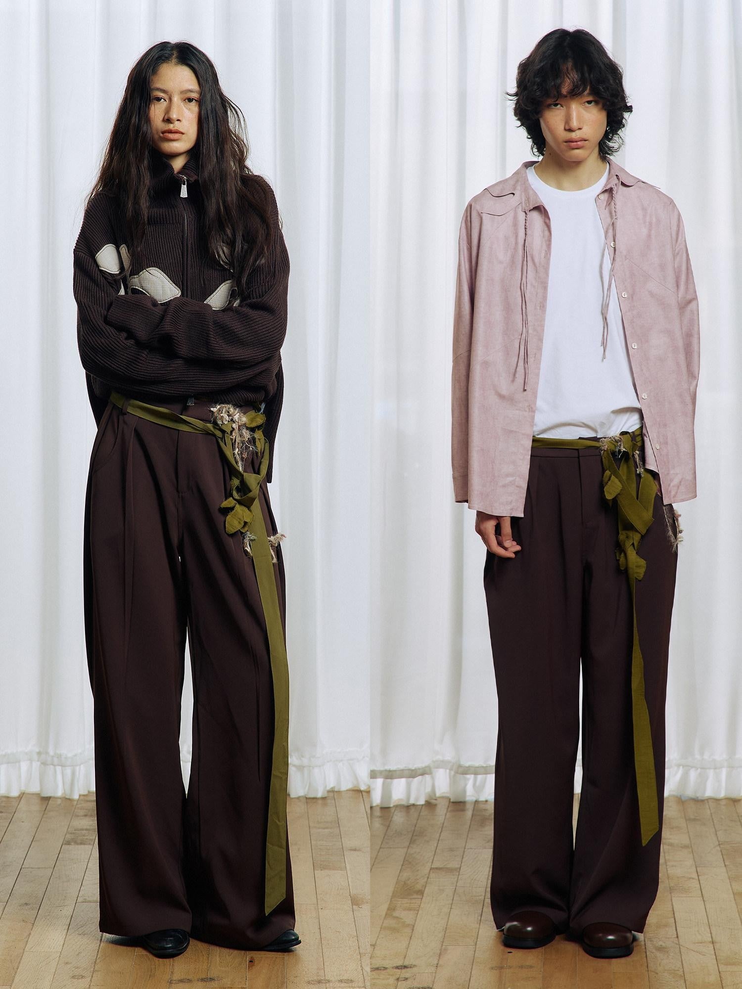 APRIORITY Deep Brown Floral Applique Waist Belt Women's Polyester Tailored Pants