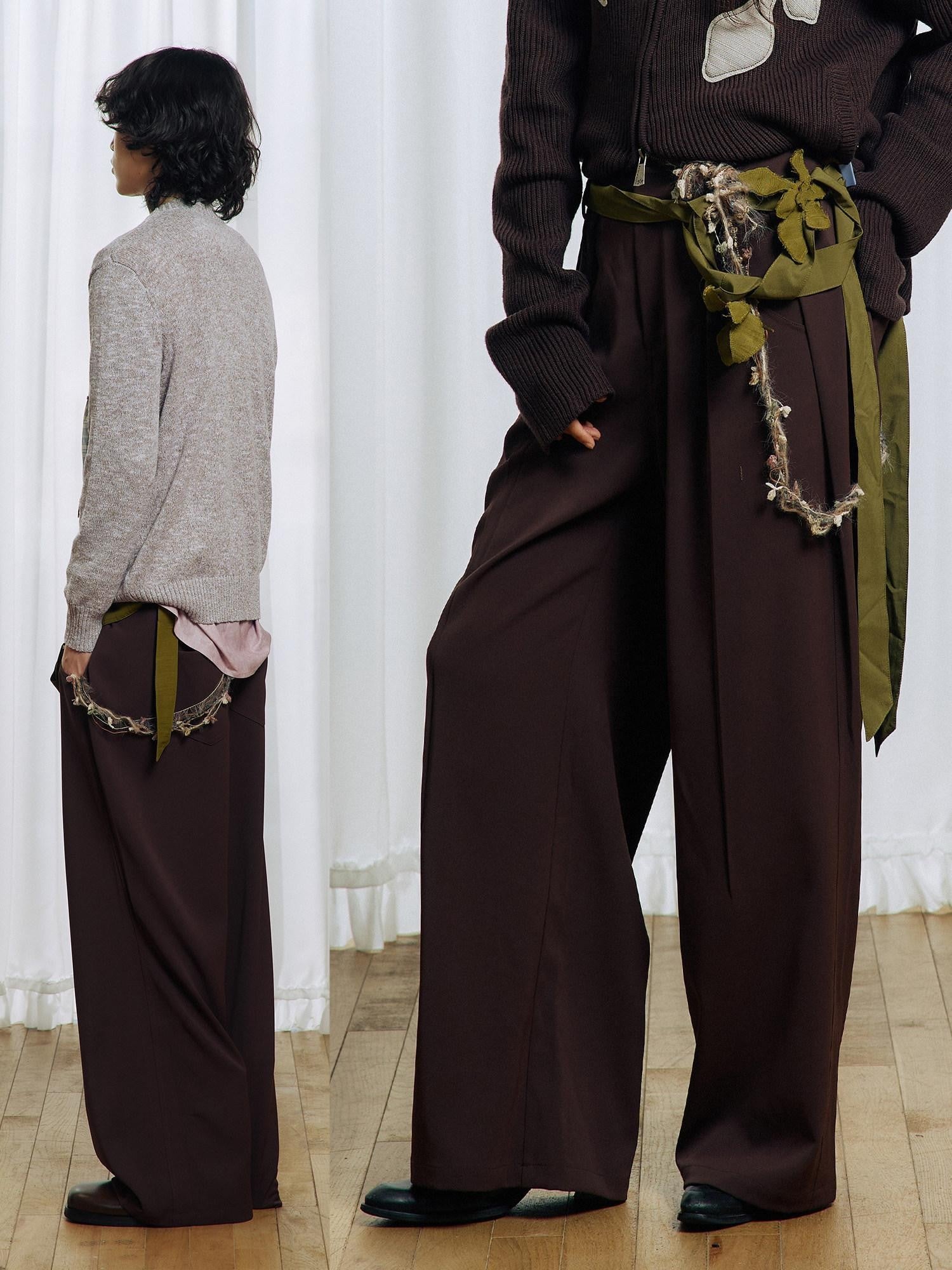 APRIORITY Deep Brown Floral Applique Waist Belt Women's Polyester Tailored Pants