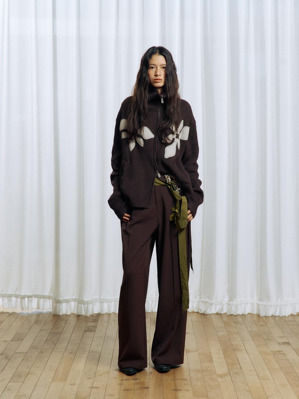 APRIORITY Deep Brown Floral Applique Waist Belt Women's Polyester Tailored Pants