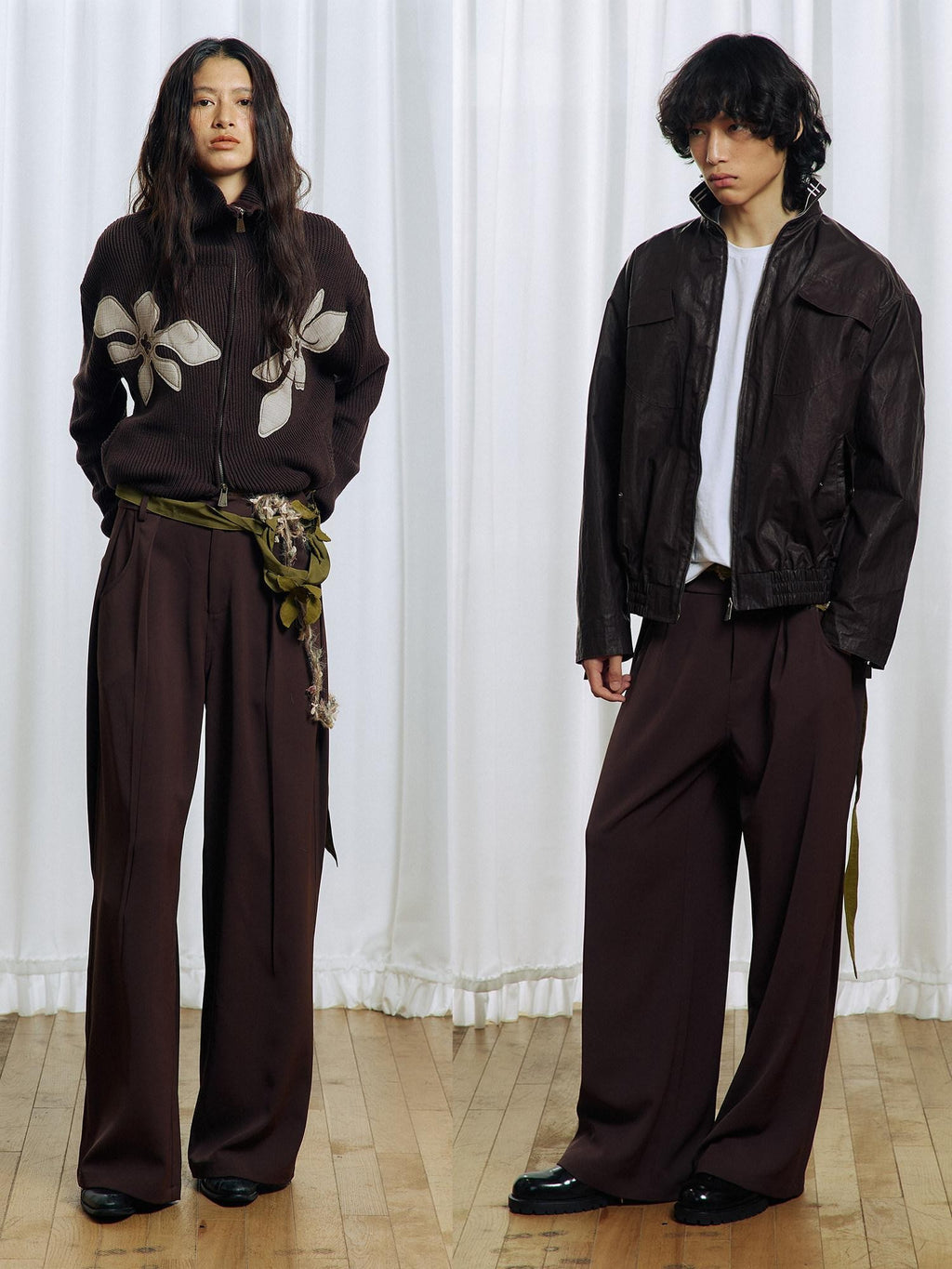 APRIORITY Deep Brown Floral Applique Waist Belt Women's Polyester Tailored Pants