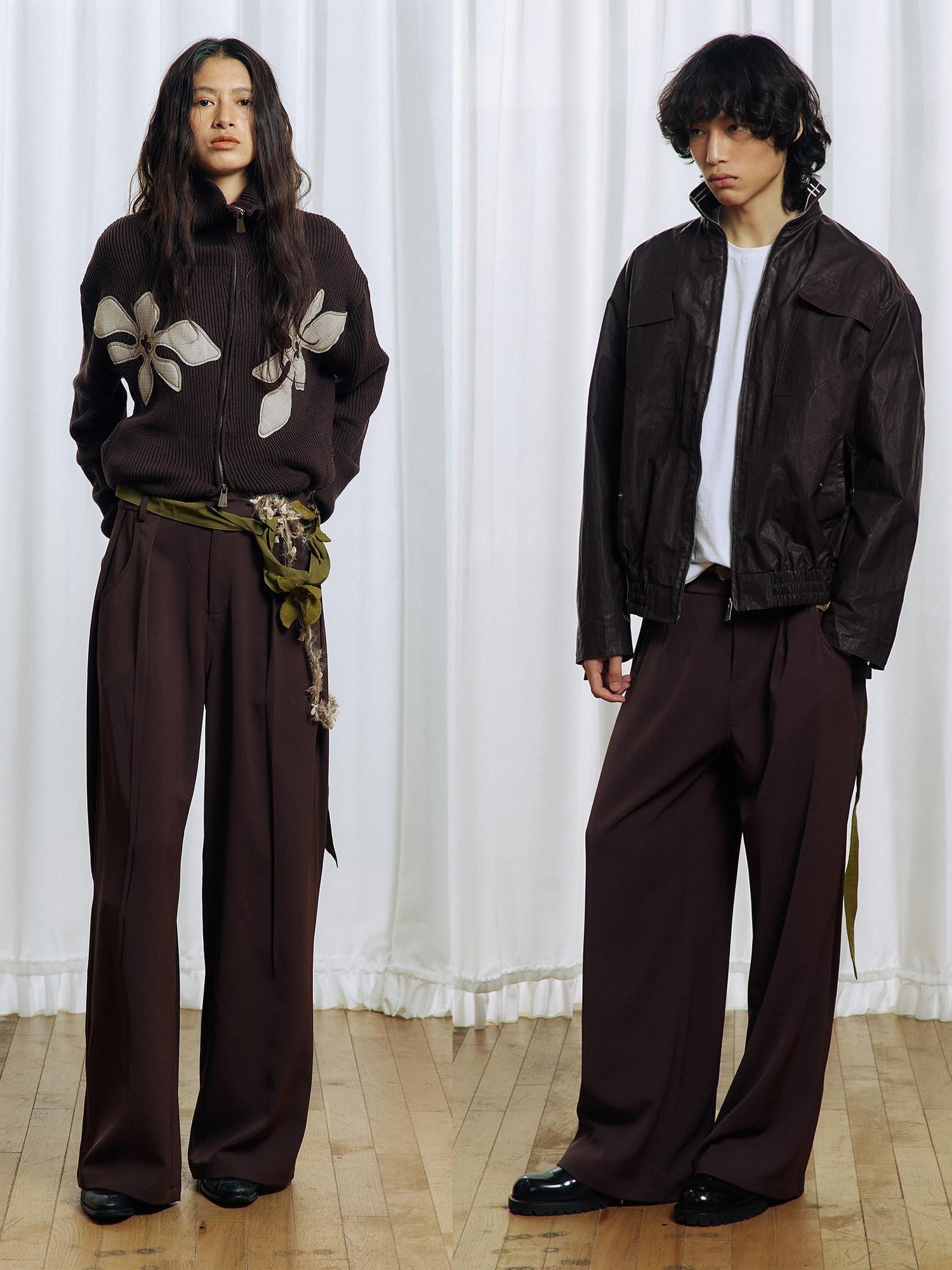 APRIORITY Deep Brown Floral Applique Waist Belt Women's Polyester Tailored Pants