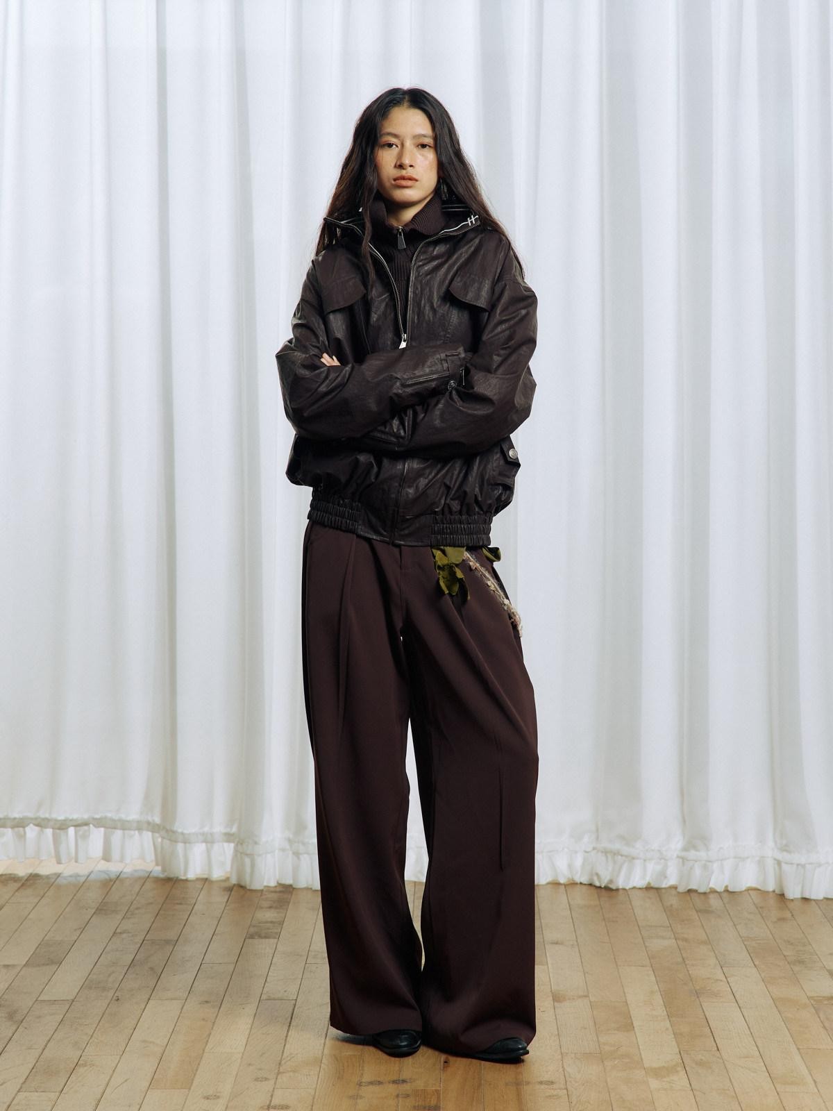 APRIORITY Deep Brown Floral Applique Waist Belt Women's Polyester Tailored Pants