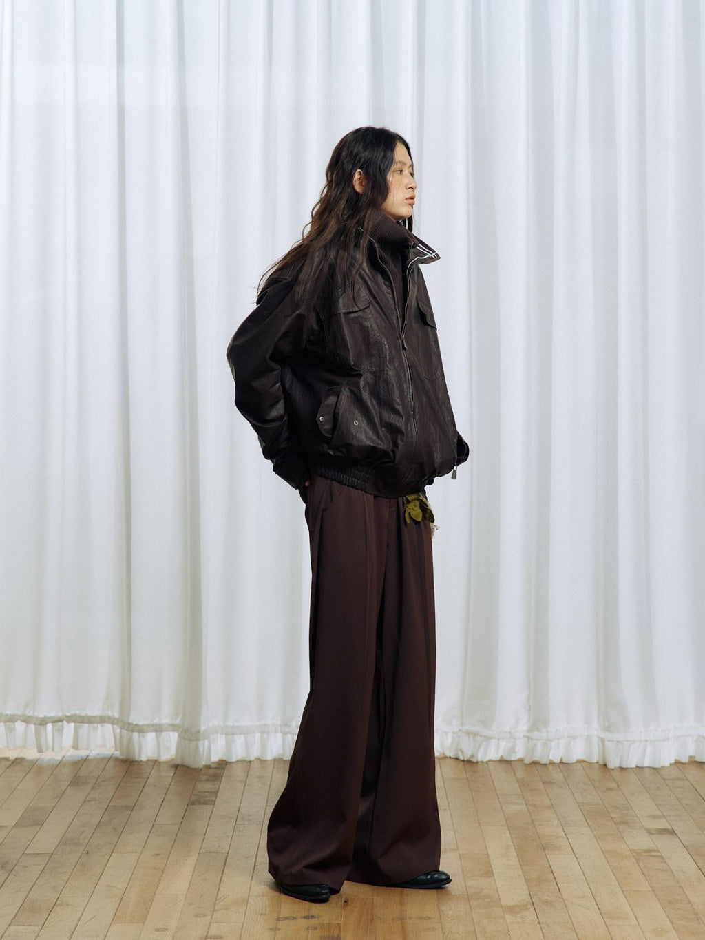APRIORITY Deep Brown Floral Applique Waist Belt Women's Polyester Tailored Pants
