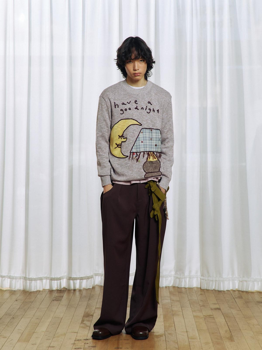 APRIORITY Deep Brown Floral Applique Waist Belt Women's Polyester Tailored Pants