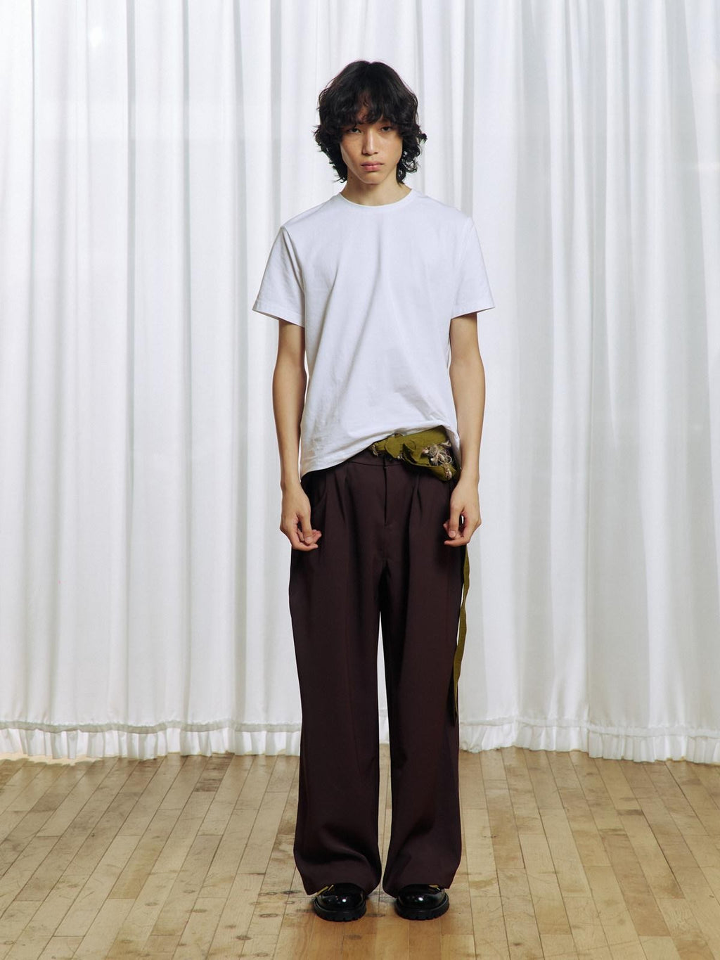 APRIORITY Deep Brown Floral Applique Waist Belt Women's Polyester Tailored Pants