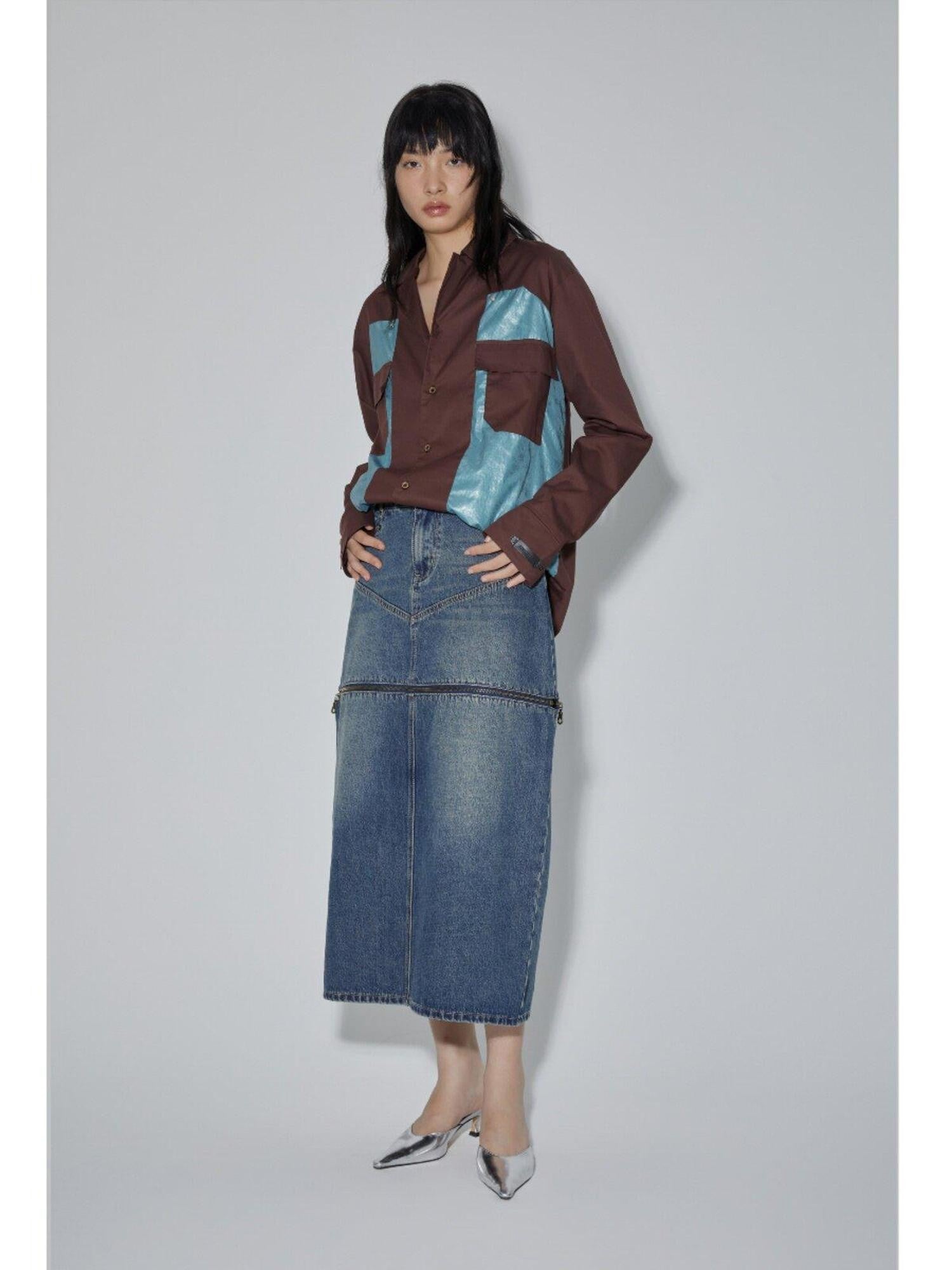 APRIORITY Diamond Patchwork Colorblock Plaid Collared Long Sleeve Women's Shirts