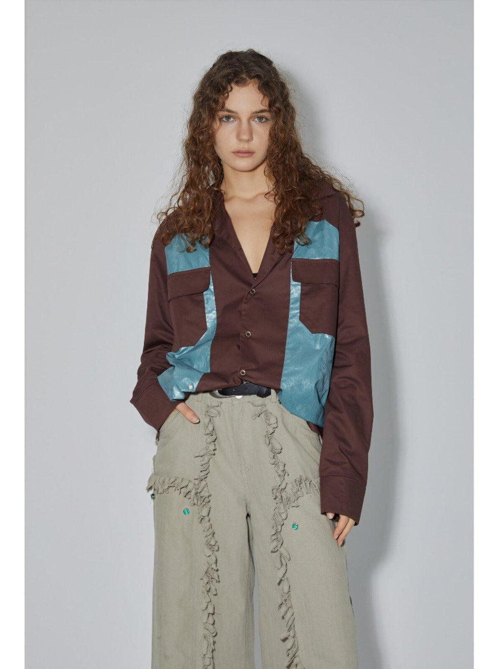 APRIORITY Diamond Patchwork Colorblock Plaid Collared Long Sleeve Women's Shirts