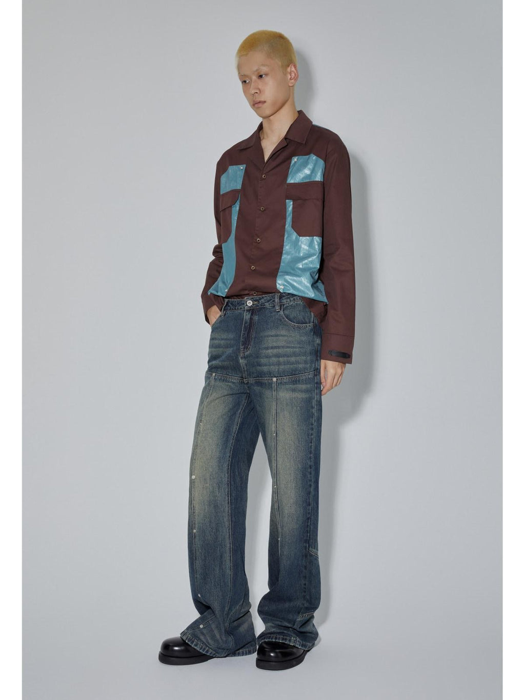 APRIORITY Diamond Patchwork Colorblock Plaid Collared Long Sleeve Women's Shirts