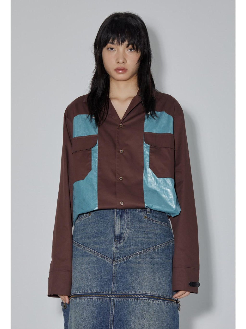 APRIORITY Diamond Patchwork Colorblock Plaid Collared Long Sleeve Women's Shirts