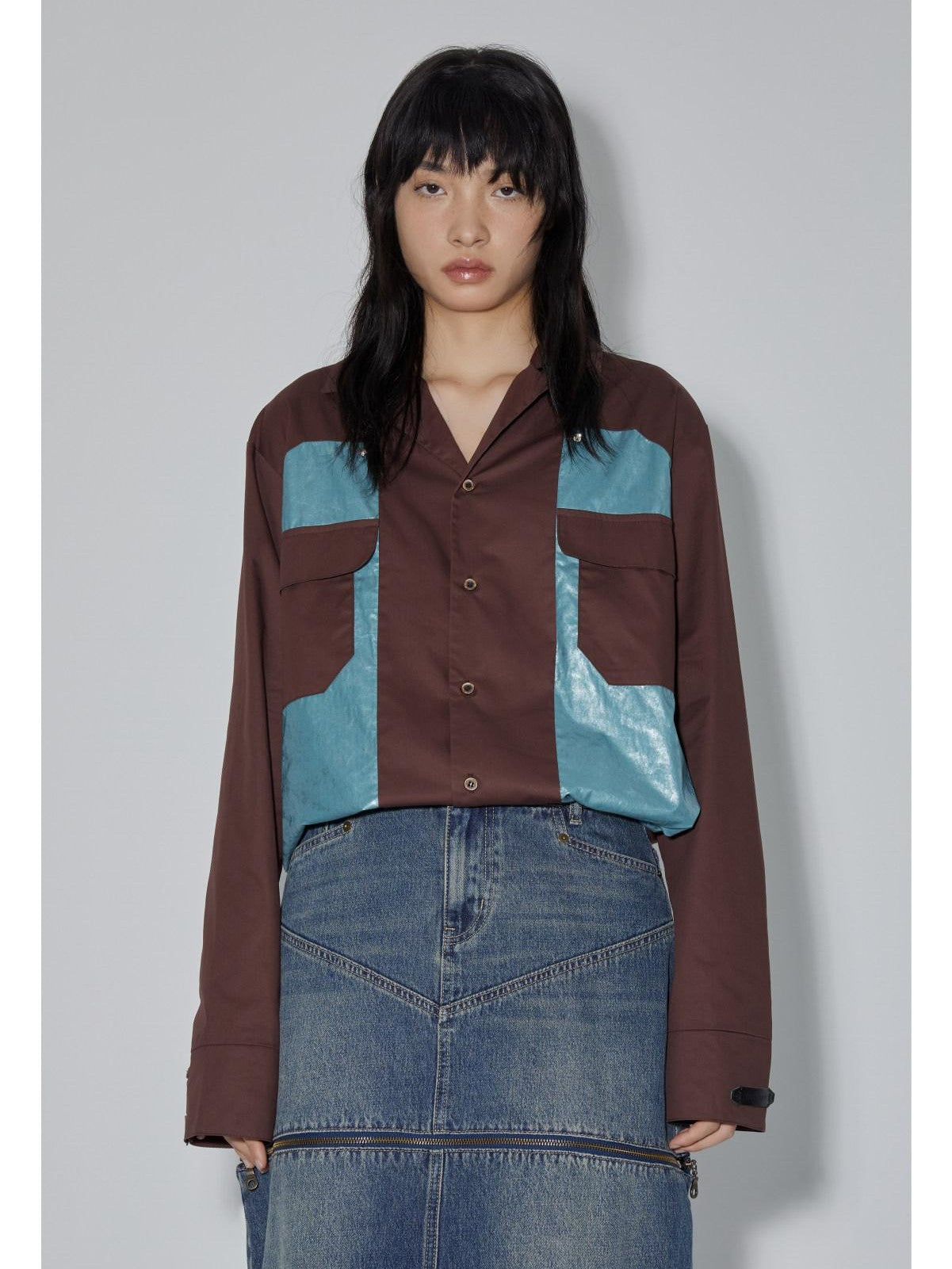 APRIORITY Diamond Patchwork Colorblock Plaid Collared Long Sleeve Women's Shirts