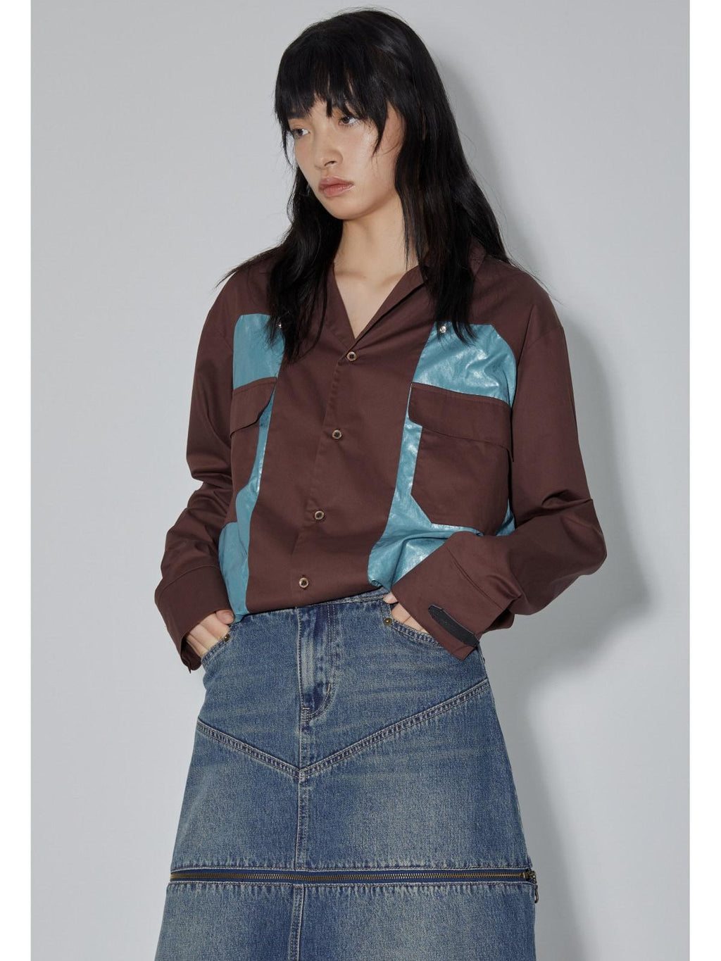 APRIORITY Diamond Patchwork Colorblock Plaid Collared Long Sleeve Women's Shirts