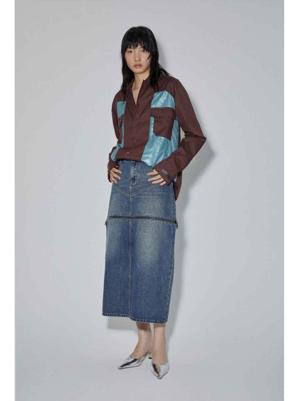 APRIORITY Diamond Patchwork Colorblock Plaid Collared Long Sleeve Women's Shirts