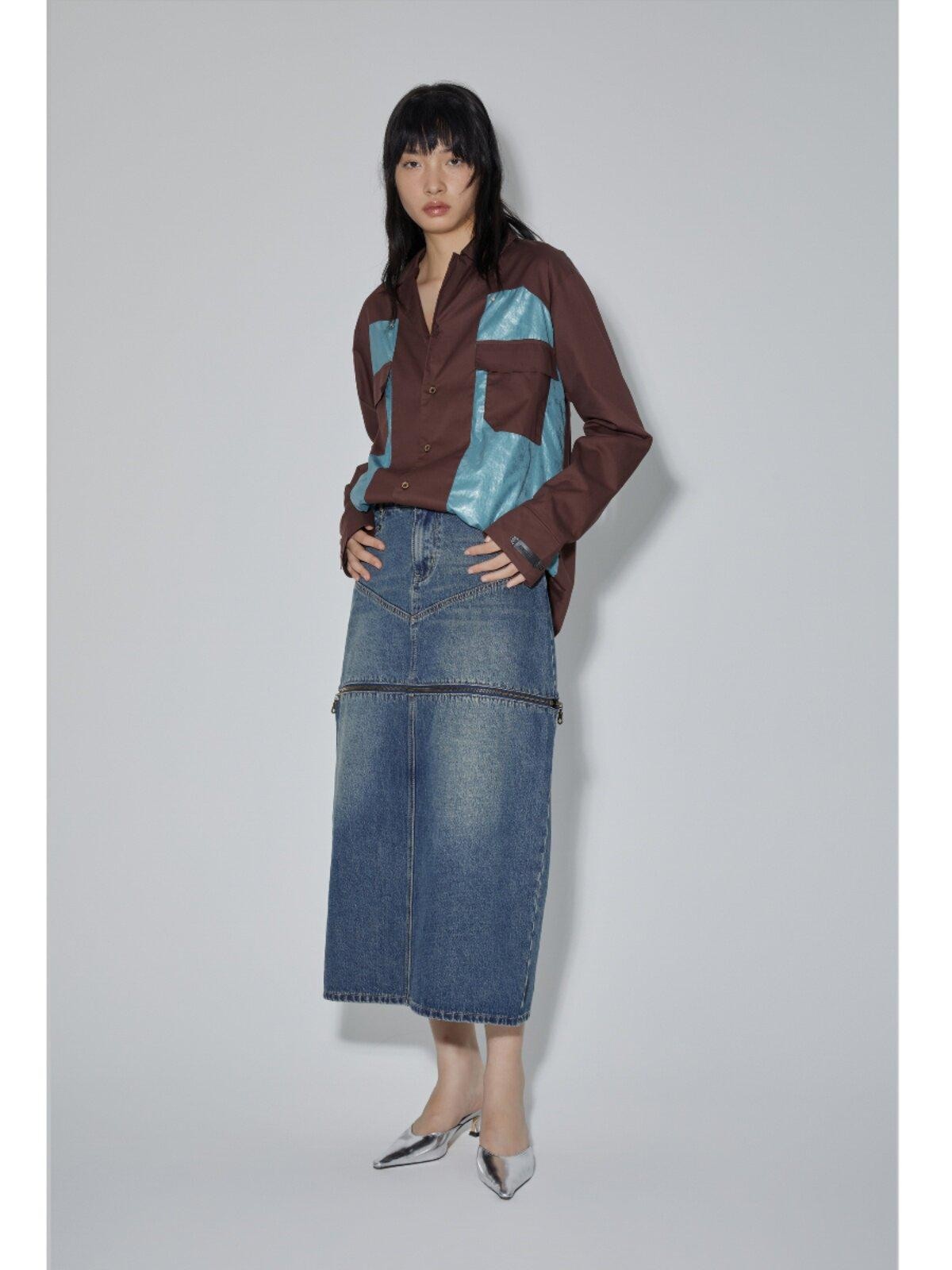 APRIORITY Diamond Patchwork Colorblock Plaid Collared Long Sleeve Women's Shirts
