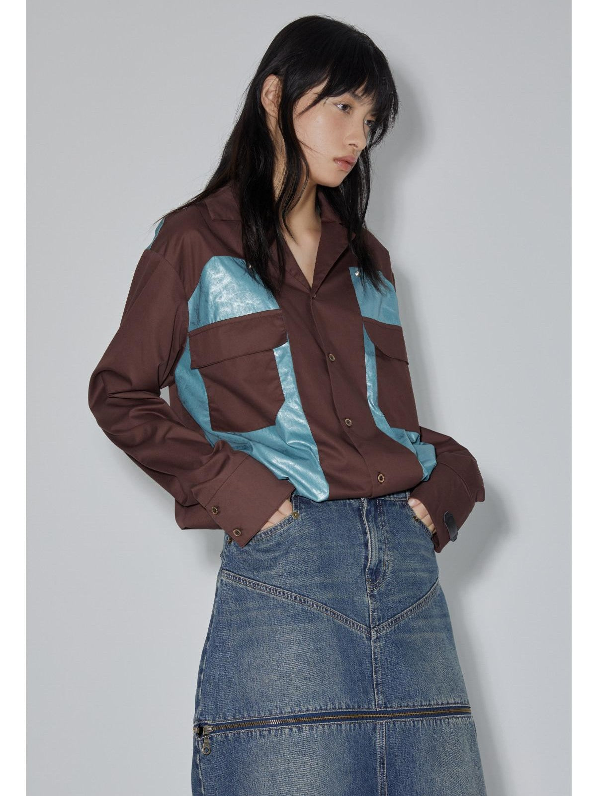 APRIORITY Diamond Patchwork Colorblock Plaid Collared Long Sleeve Women's Shirts