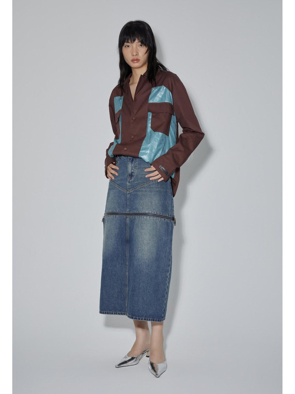 APRIORITY Diamond Patchwork Colorblock Plaid Collared Long Sleeve Women's Shirts