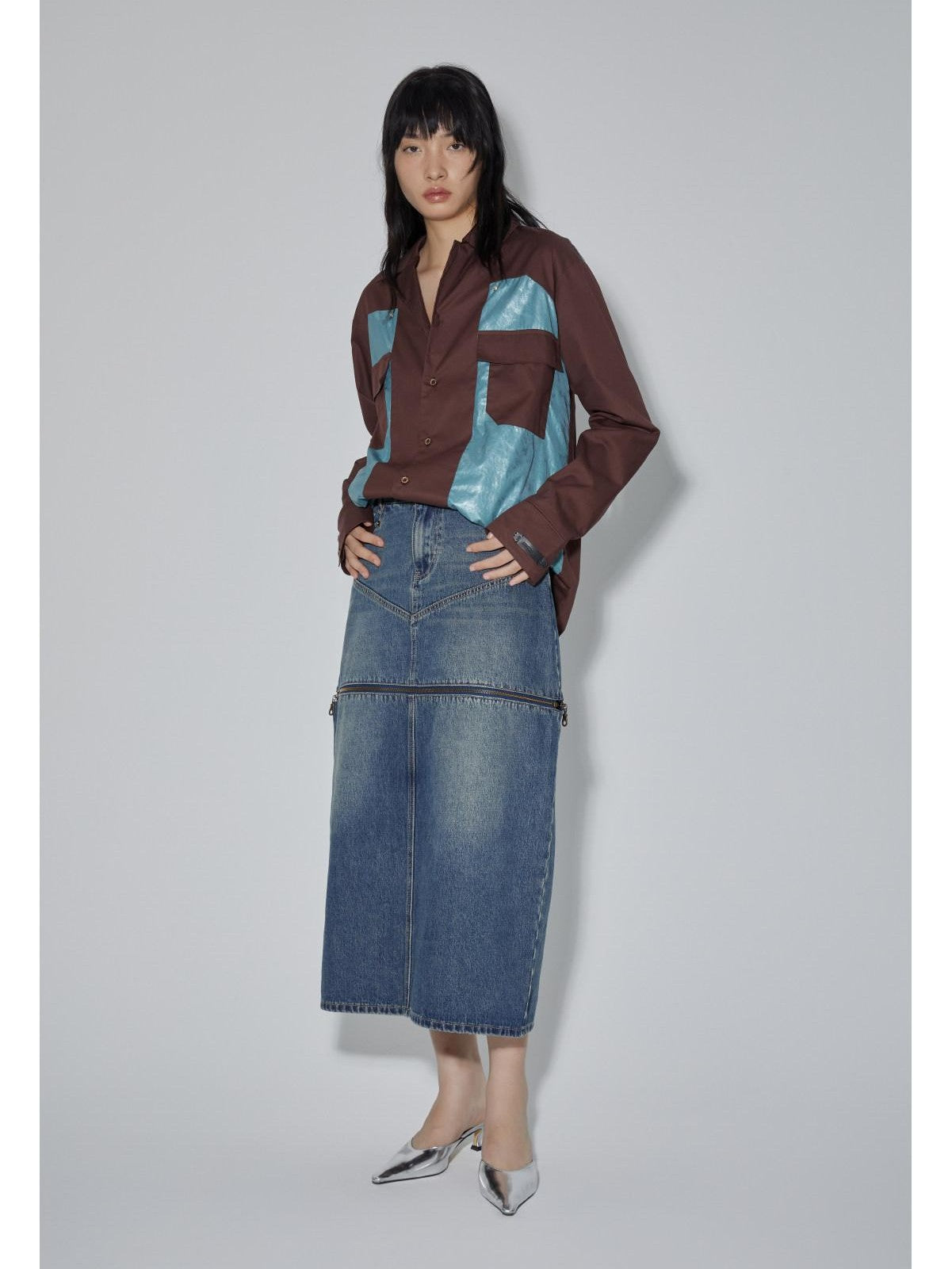 APRIORITY Diamond Patchwork Colorblock Plaid Collared Long Sleeve Women's Shirts