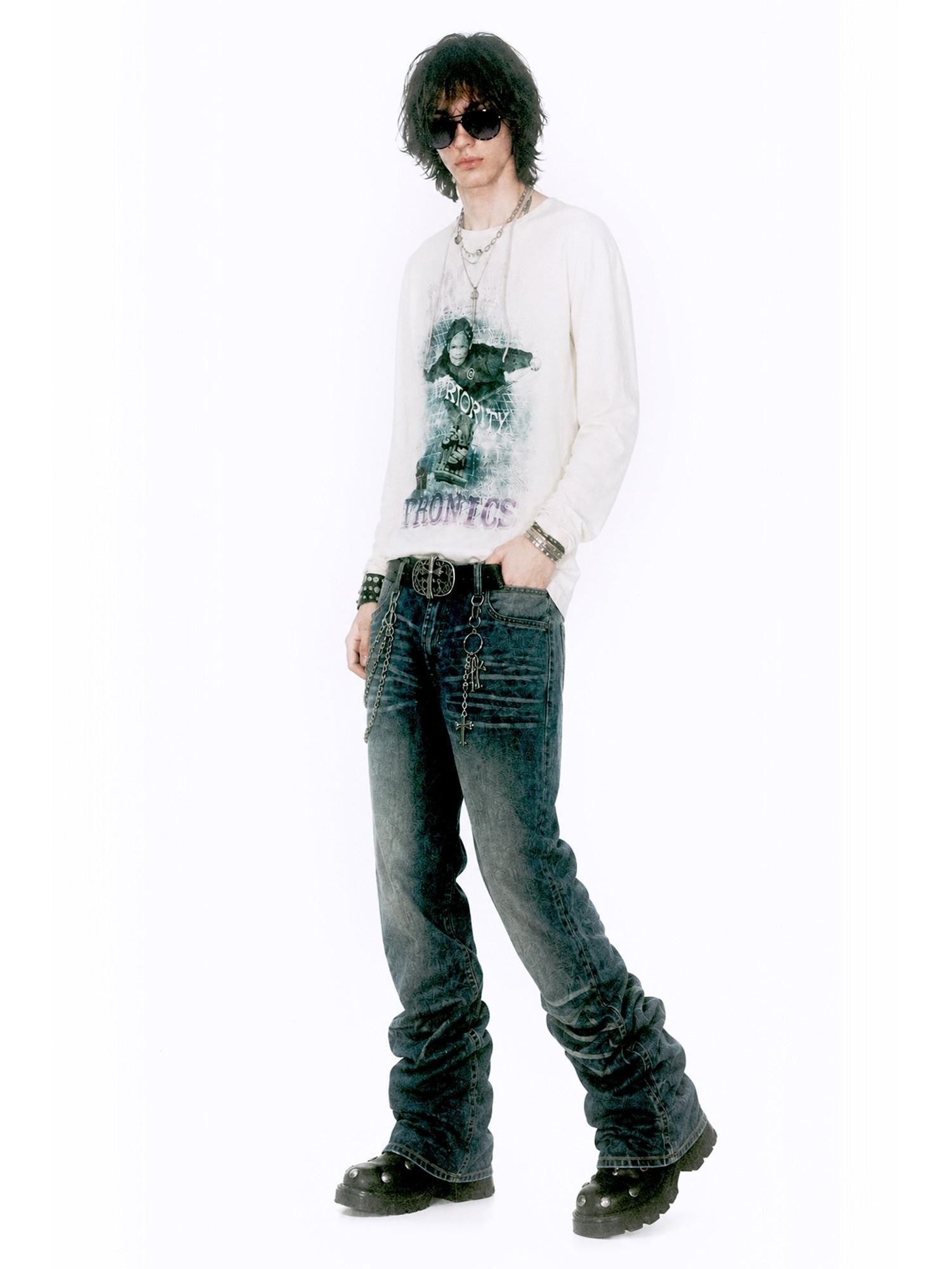 APRIORITY Digital Figure Distressed Rhinestone Women's Cotton Long Sleeve T-shirts