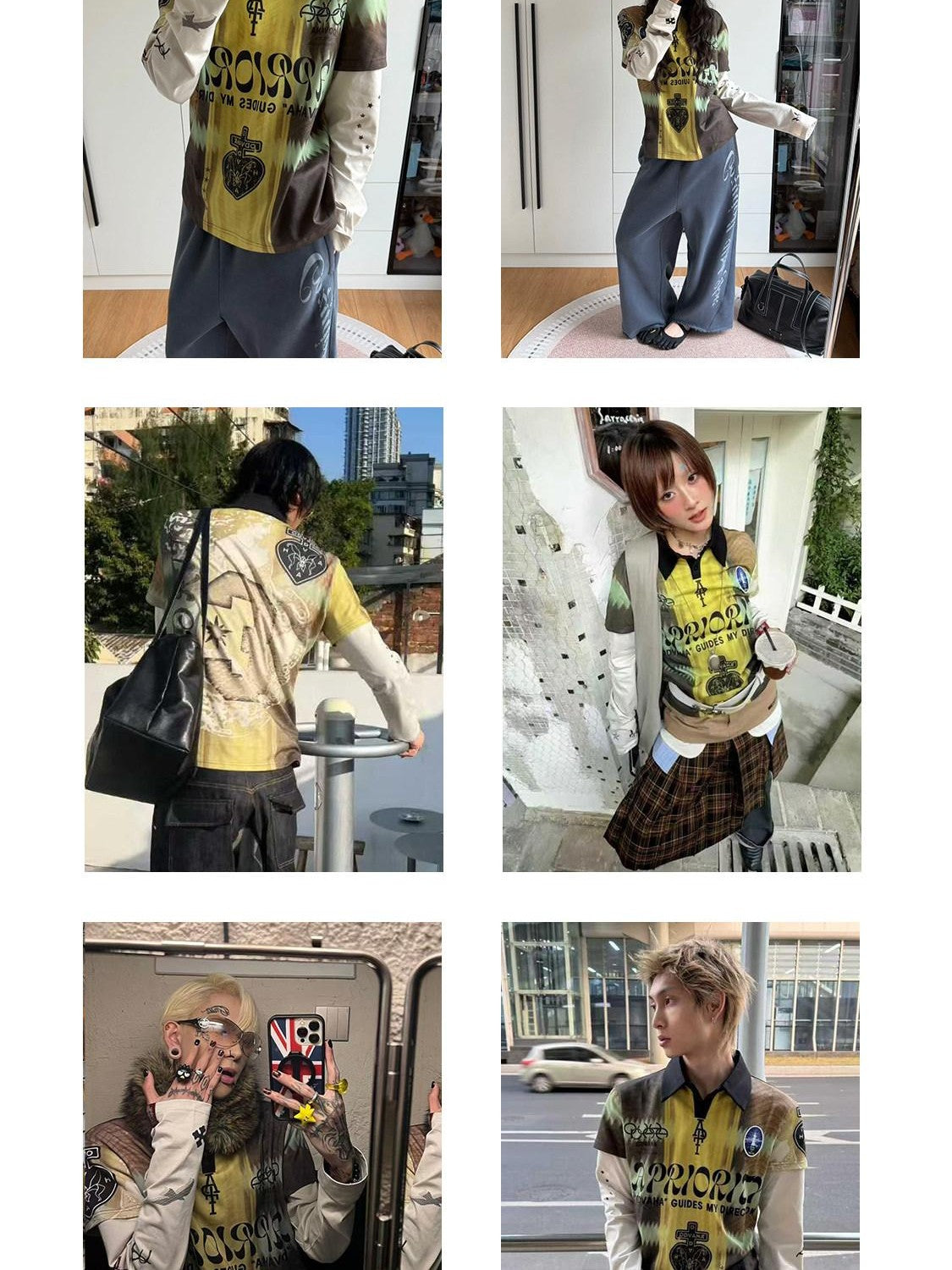 APRIORITY Digital Letter Print Faux Polo Collar Women's Cotton Blend Long Sleeve T-shirts
