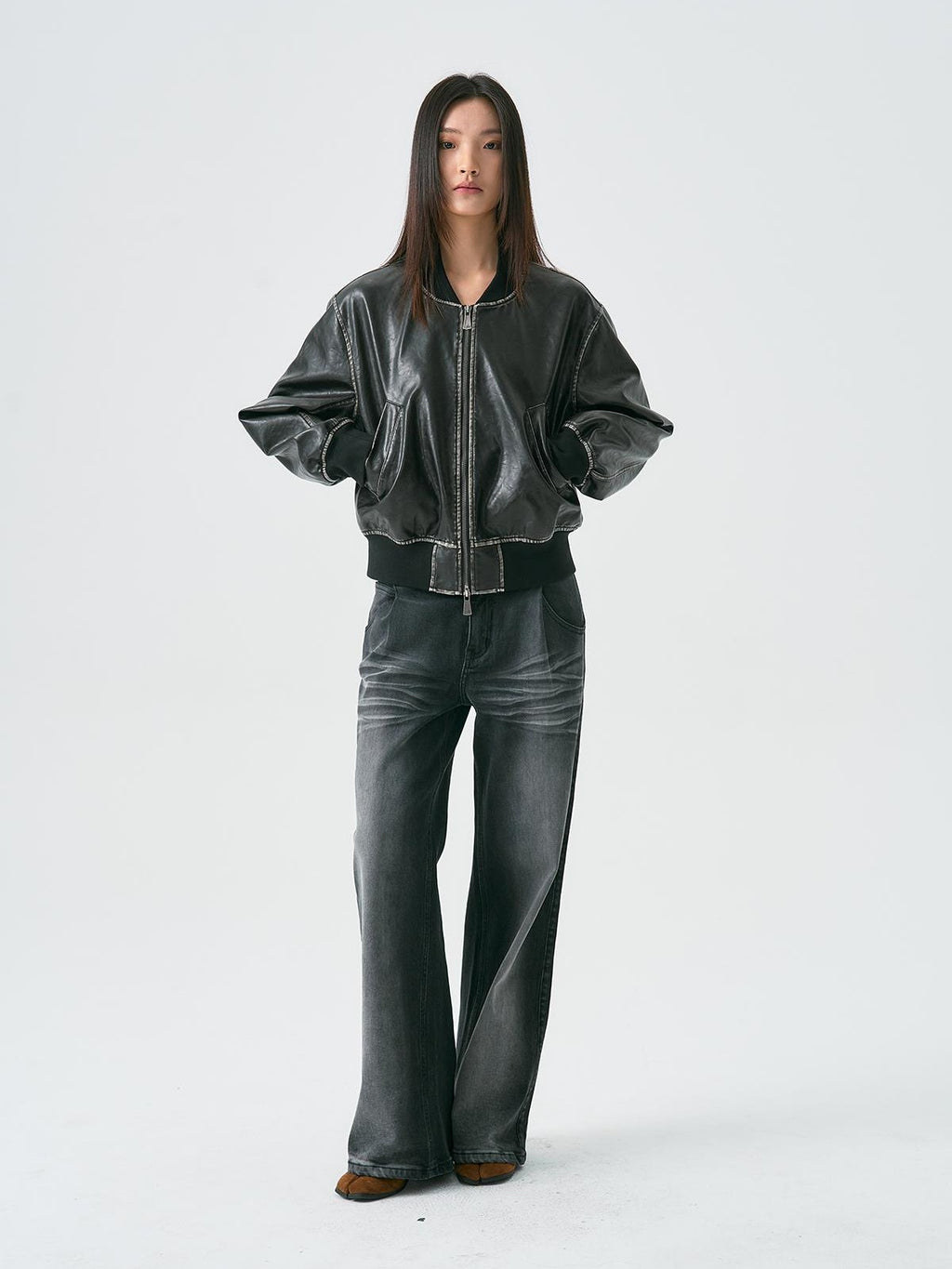 APRIORITY Distressed Embossed Print Faux Leather Women's Leather Jackets
