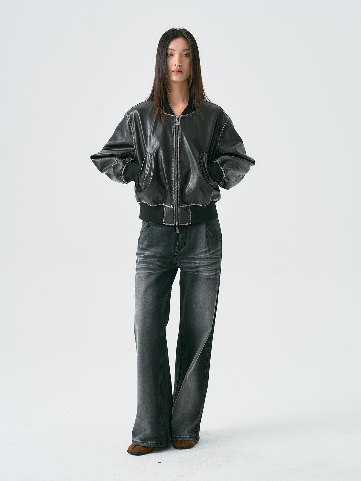 APRIORITY Distressed Embossed Print Faux Leather Women's Leather Jackets