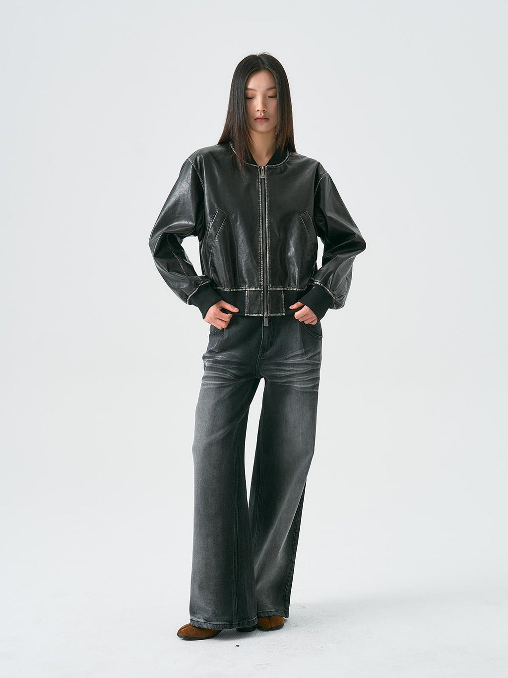 APRIORITY Distressed Embossed Print Faux Leather Women's Leather Jackets