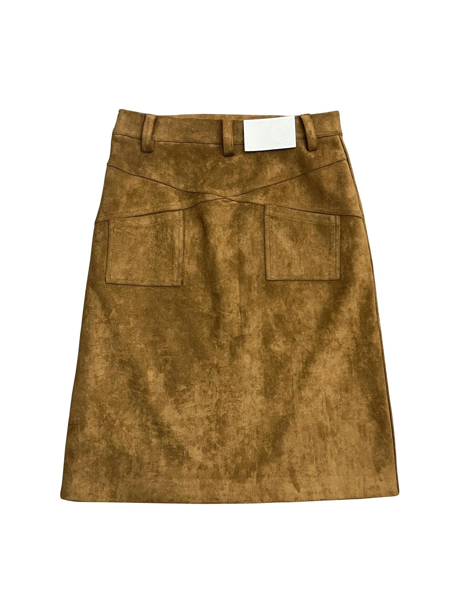 APRIORITY Distressed Faux Suede Cross Pocket A Line Women's Polyester Blend Midi Skirts