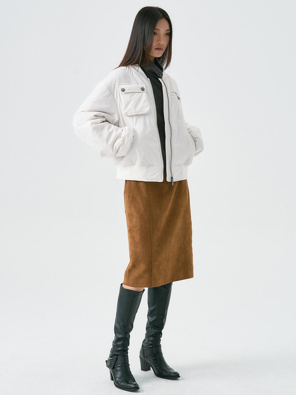 APRIORITY Distressed Faux Suede Cross Pocket A Line Women's Polyester Blend Midi Skirts