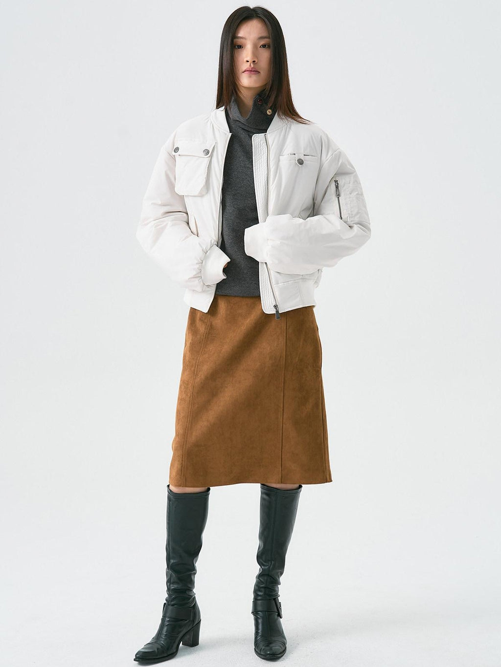 APRIORITY Distressed Faux Suede Cross Pocket A Line Women's Polyester Blend Midi Skirts