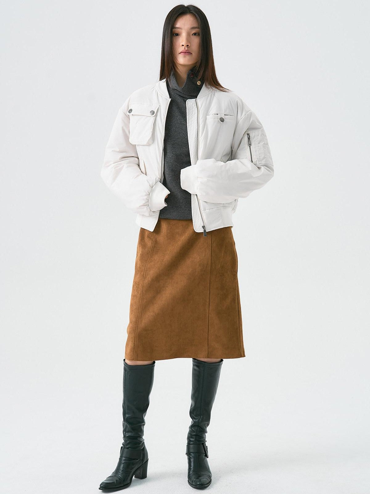 APRIORITY Distressed Faux Suede Cross Pocket A Line Women's Polyester Blend Midi Skirts