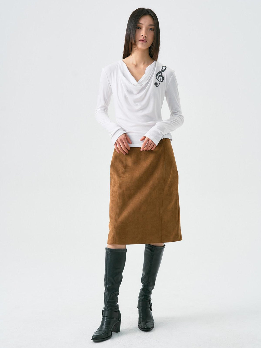 APRIORITY Distressed Faux Suede Cross Pocket A Line Women's Polyester Blend Midi Skirts