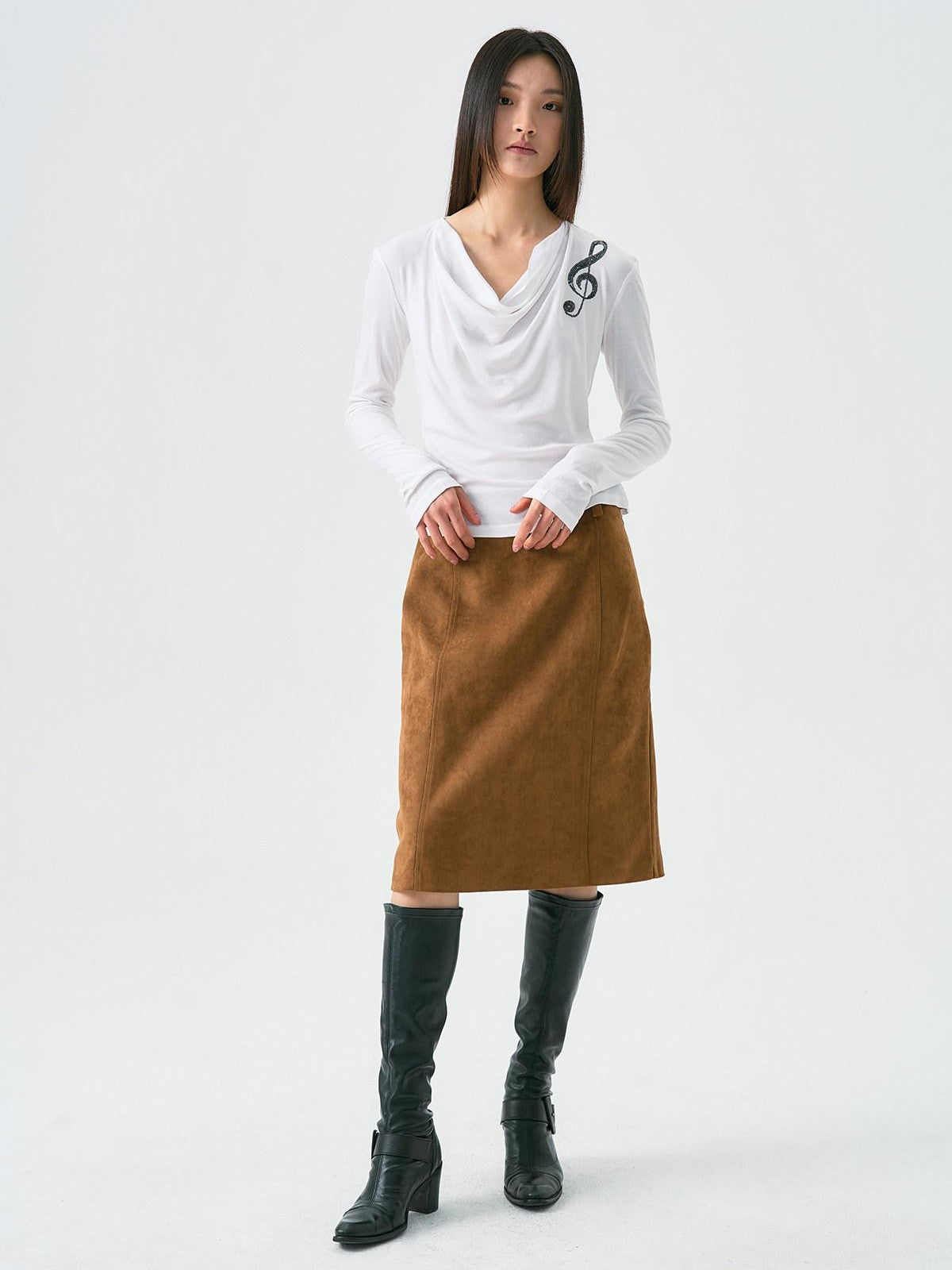 APRIORITY Distressed Faux Suede Cross Pocket A Line Women's Polyester Blend Midi Skirts