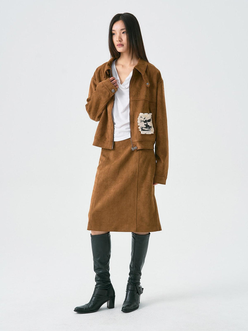 APRIORITY Distressed Faux Suede Cross Pocket A Line Women's Polyester Blend Midi Skirts
