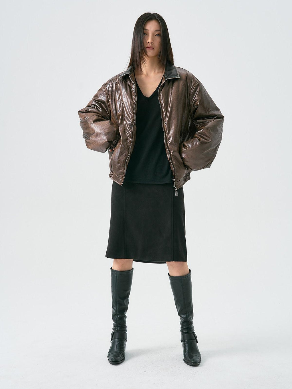 APRIORITY Distressed Faux Suede Cross Pocket A Line Women's Polyester Blend Midi Skirts