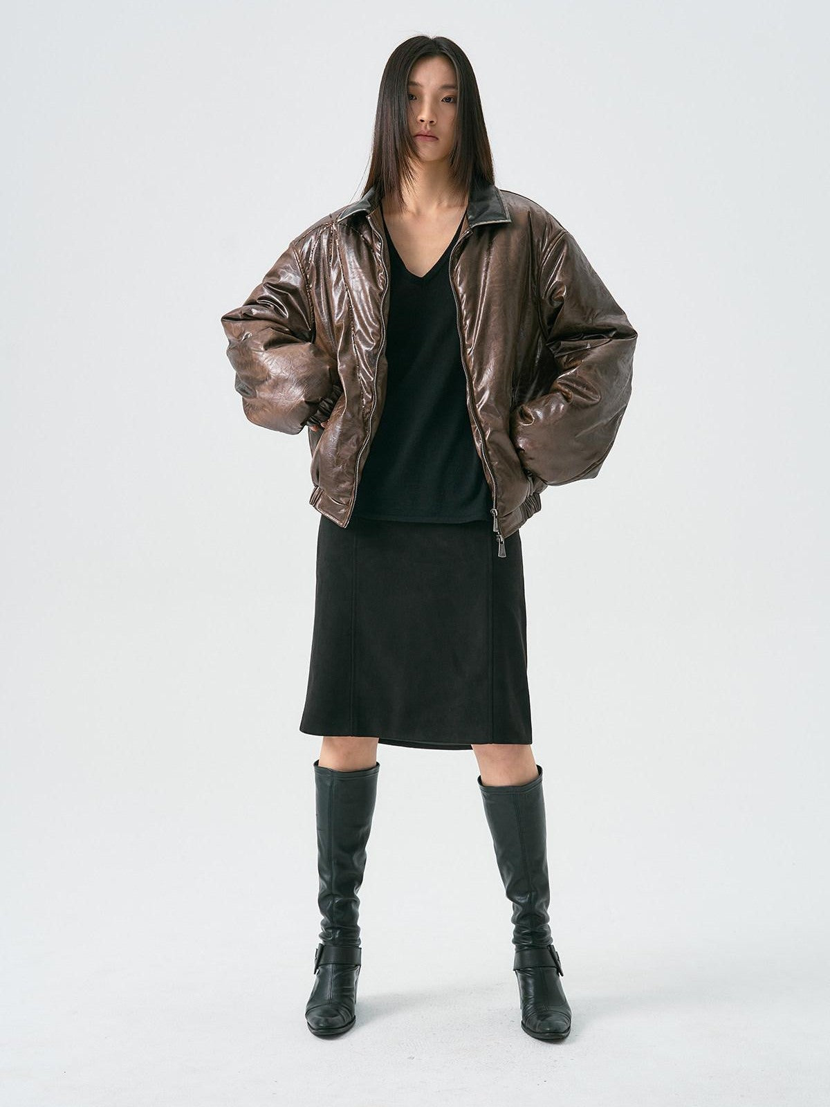 APRIORITY Distressed Faux Suede Cross Pocket A Line Women's Polyester Blend Midi Skirts