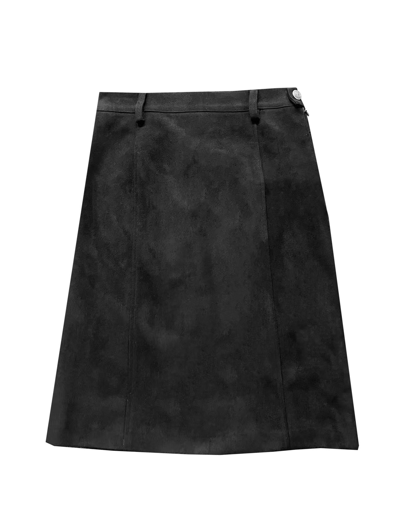 APRIORITY Distressed Faux Suede Cross Pocket A Line Women's Polyester Blend Midi Skirts
